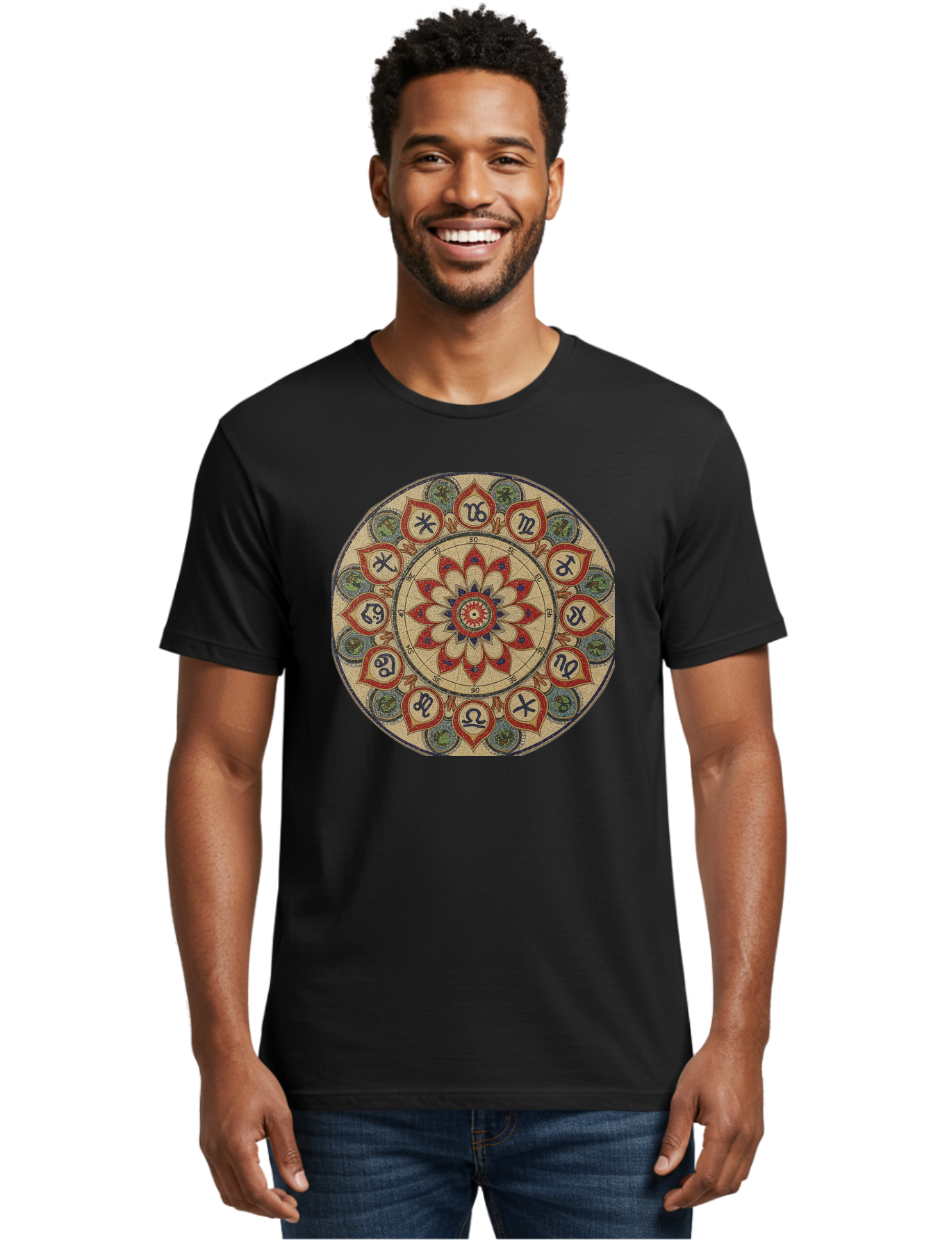 Zodiac-Wheel-Mandala Men'S Graphic Tee, 100% Cotton, Comfortable Casual Summer Wear, Machine Washable, Zodiac Wheel, Astrology, Mandala Art, Esoteric Symbols, Spiritual Design, Mystical Patterns, Red And Blue Petals, Symbolic Representation, Bae344 18