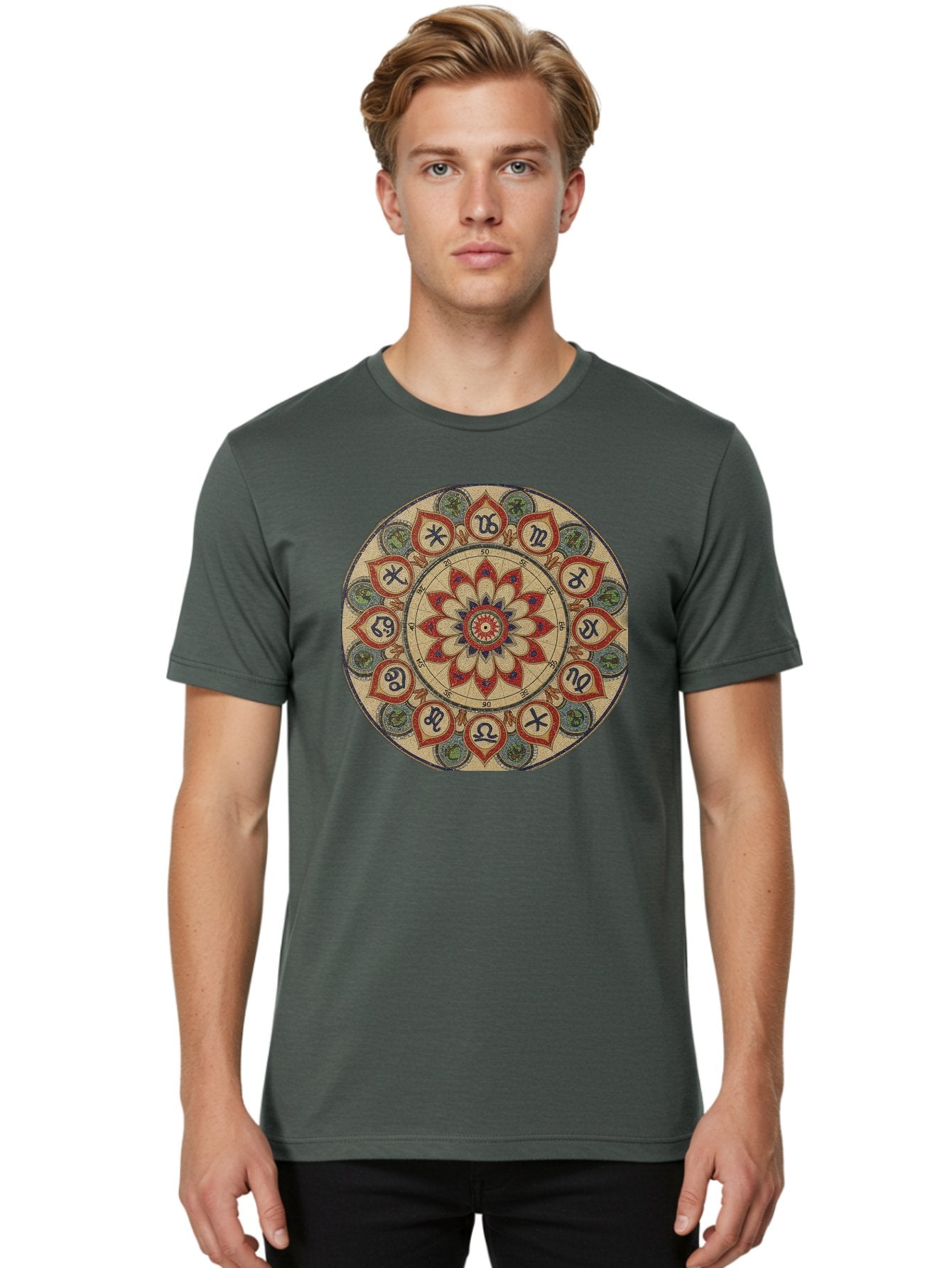 Zodiac-Wheel-Mandala Men'S Graphic Tee, 100% Cotton, Comfortable Casual Summer Wear, Machine Washable, Zodiac Wheel, Astrology, Mandala Art, Esoteric Symbols, Spiritual Design, Mystical Patterns, Red And Blue Petals, Symbolic Representation, Bae344 24