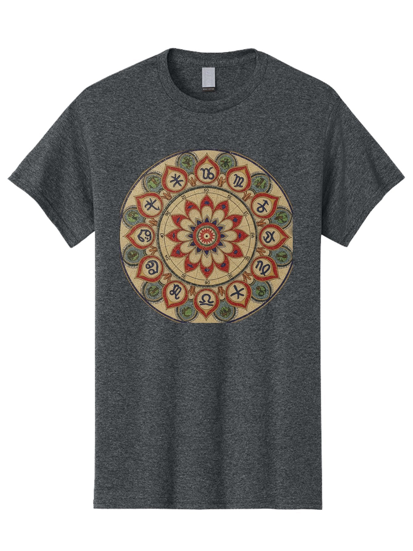 Zodiac-Wheel-Mandala Men'S Graphic Tee, 100% Cotton, Comfortable Casual Summer Wear, Machine Washable, Zodiac Wheel, Astrology, Mandala Art, Esoteric Symbols, Spiritual Design, Mystical Patterns, Red And Blue Petals, Symbolic Representation, Bae344 8