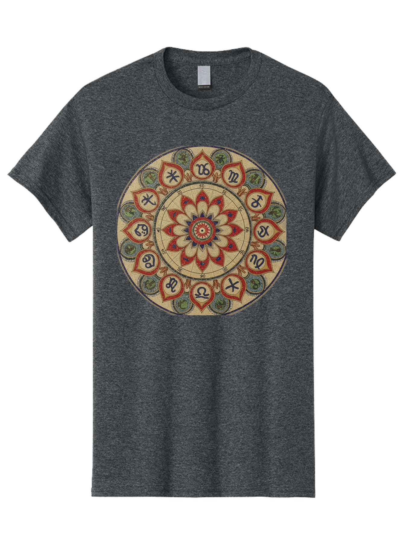 Zodiac-Wheel-Mandala Men'S Graphic Tee, 100% Cotton, Comfortable Casual Summer Wear, Machine Washable, Zodiac Wheel, Astrology, Mandala Art, Esoteric Symbols, Spiritual Design, Mystical Patterns, Red And Blue Petals, Symbolic Representation, Bae344 6