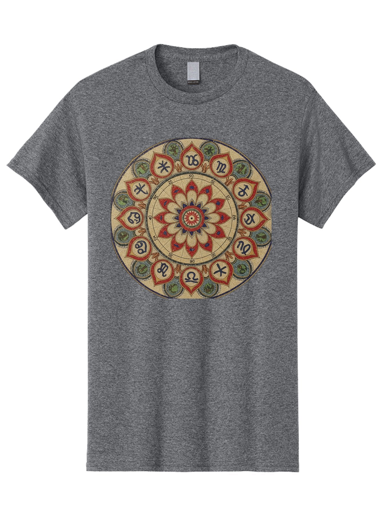 Zodiac-Wheel-Mandala Men'S Graphic Tee, 100% Cotton, Comfortable Casual Summer Wear, Machine Washable, Zodiac Wheel, Astrology, Mandala Art, Esoteric Symbols, Spiritual Design, Mystical Patterns, Red And Blue Petals, Symbolic Representation, Bae344 11