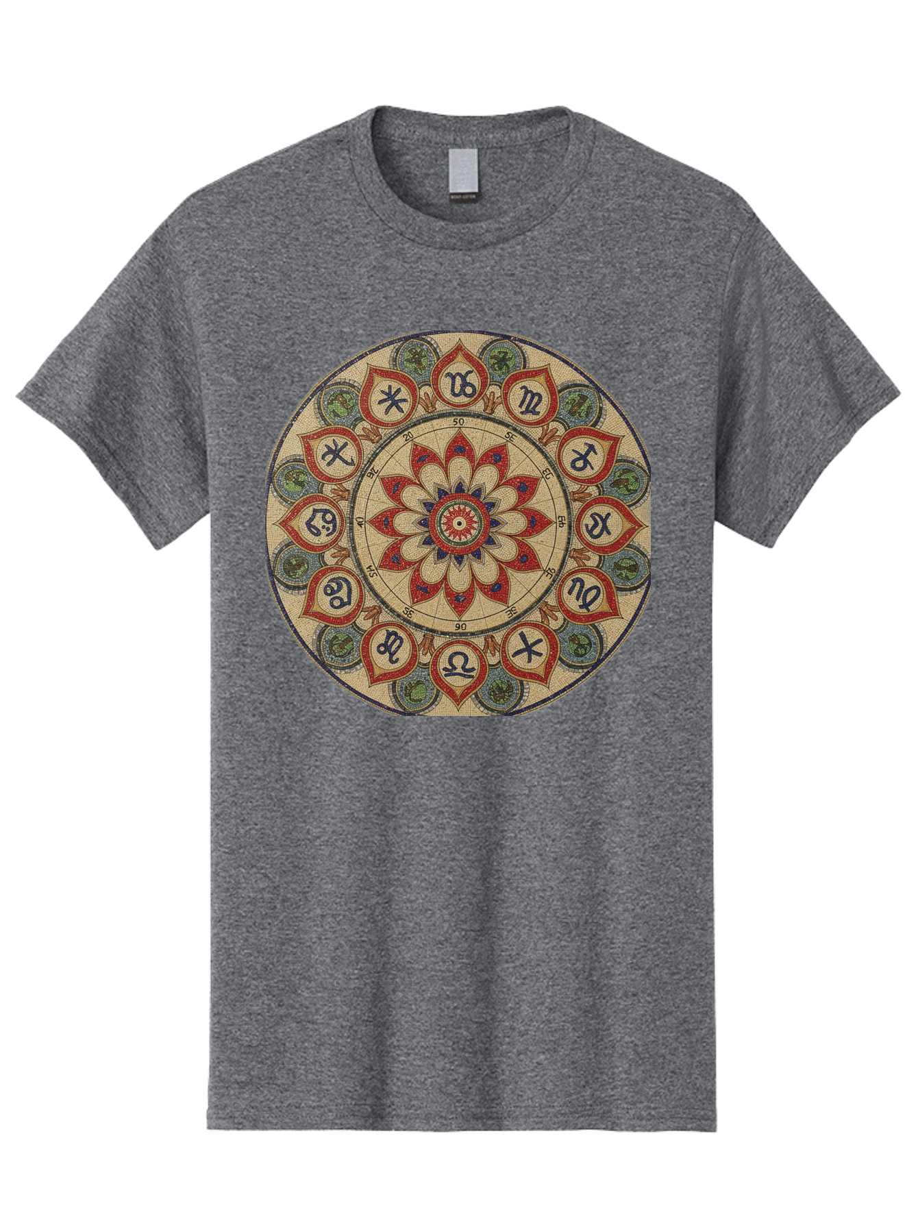 Zodiac-Wheel-Mandala Men'S Graphic Tee, 100% Cotton, Comfortable Casual Summer Wear, Machine Washable, Zodiac Wheel, Astrology, Mandala Art, Esoteric Symbols, Spiritual Design, Mystical Patterns, Red And Blue Petals, Symbolic Representation, Bae344 4
