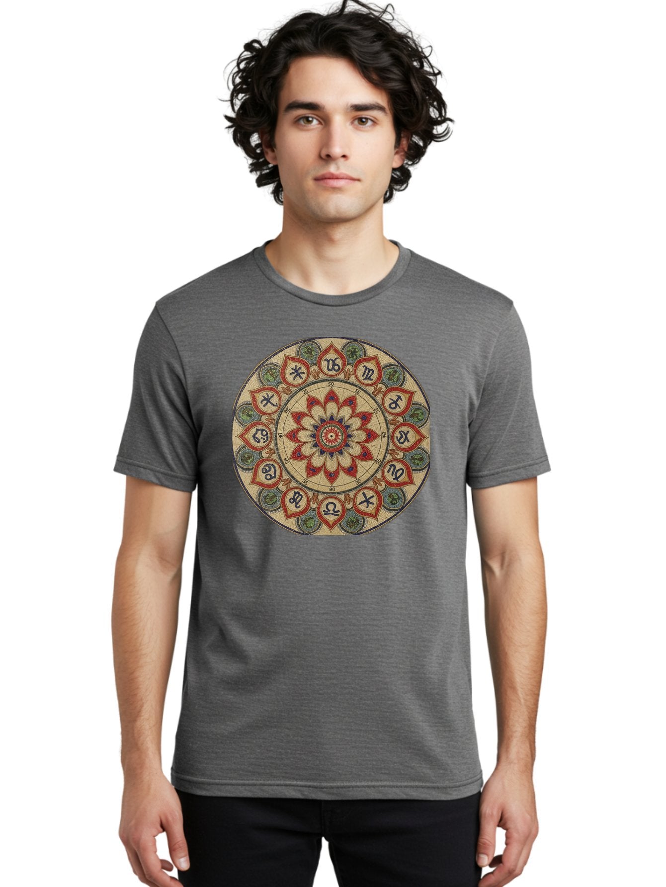 Zodiac-Wheel-Mandala Men'S Graphic Tee, 100% Cotton, Comfortable Casual Summer Wear, Machine Washable, Zodiac Wheel, Astrology, Mandala Art, Esoteric Symbols, Spiritual Design, Mystical Patterns, Red And Blue Petals, Symbolic Representation, Bae344 27