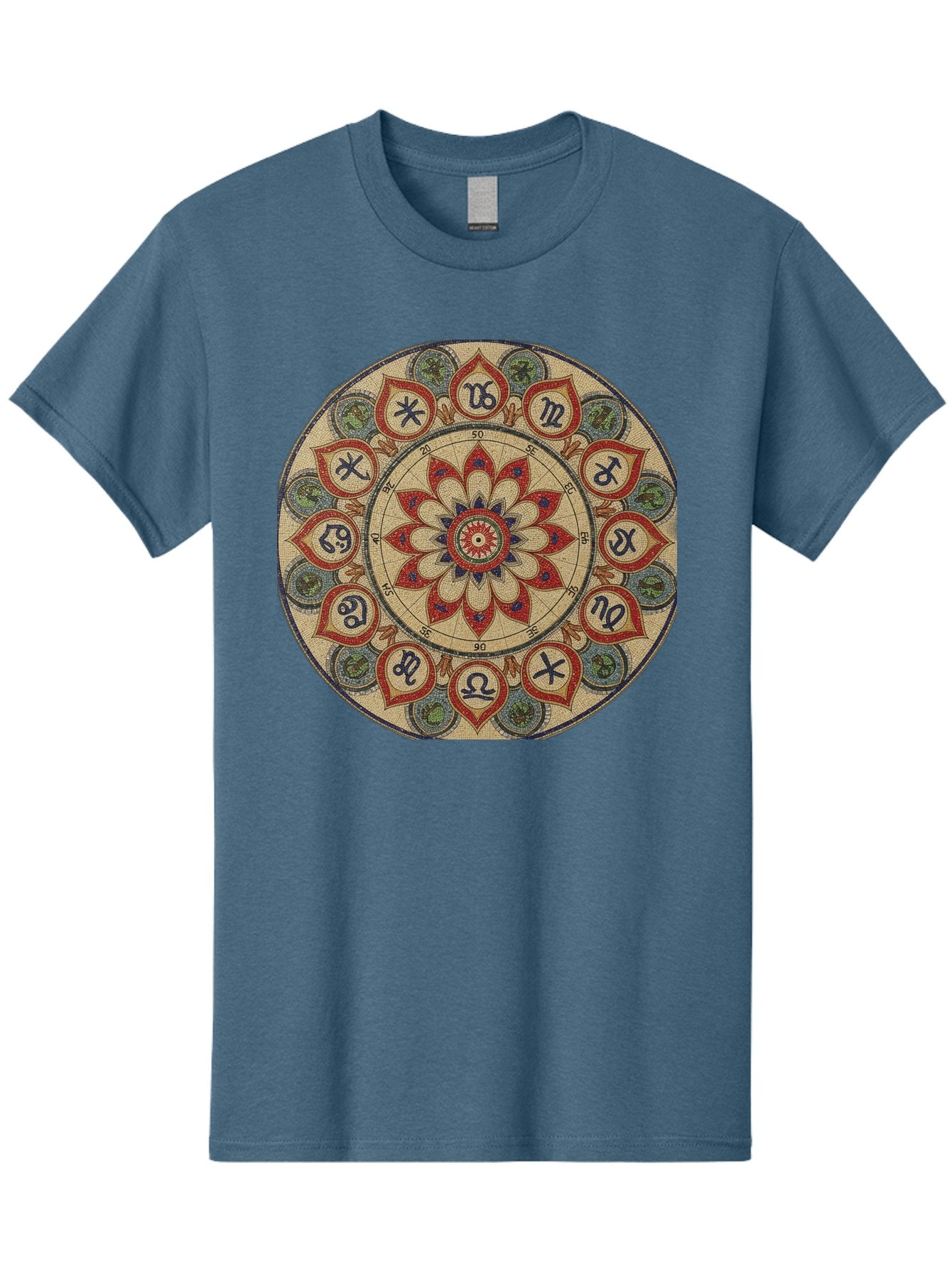 Zodiac-Wheel-Mandala Men'S Graphic Tee, 100% Cotton, Comfortable Casual Summer Wear, Machine Washable, Zodiac Wheel, Astrology, Mandala Art, Esoteric Symbols, Spiritual Design, Mystical Patterns, Red And Blue Petals, Symbolic Representation, Bae344 14