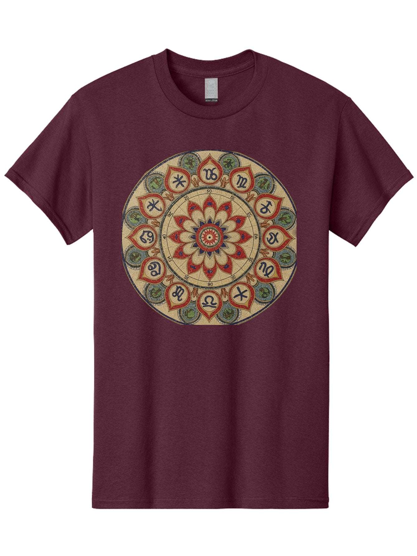 Zodiac-Wheel-Mandala Men'S Graphic Tee, 100% Cotton, Comfortable Casual Summer Wear, Machine Washable, Zodiac Wheel, Astrology, Mandala Art, Esoteric Symbols, Spiritual Design, Mystical Patterns, Red And Blue Petals, Symbolic Representation, Bae344