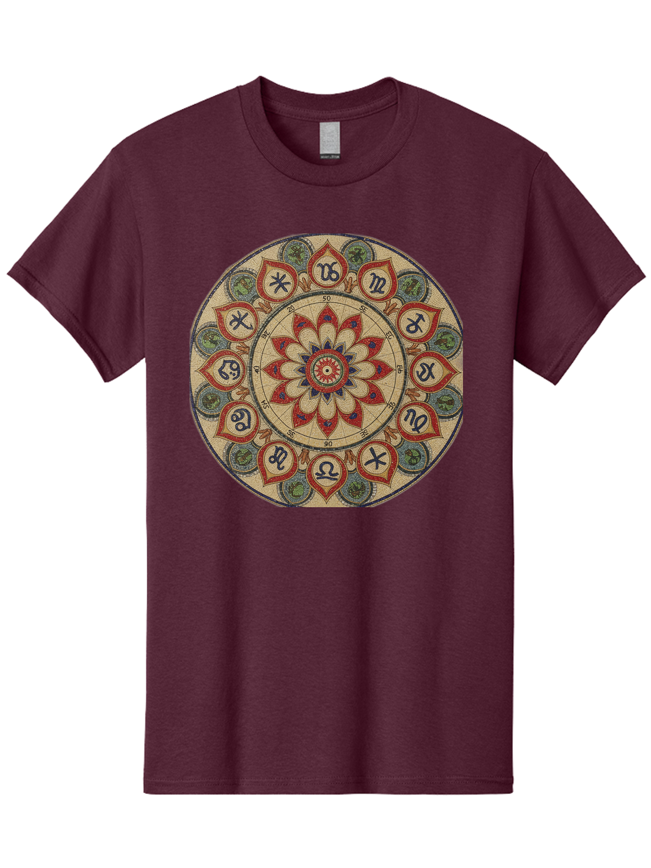 Zodiac-Wheel-Mandala Men'S Graphic Tee, 100% Cotton, Comfortable Casual Summer Wear, Machine Washable, Zodiac Wheel, Astrology, Mandala Art, Esoteric Symbols, Spiritual Design, Mystical Patterns, Red And Blue Petals, Symbolic Representation, Bae344 11