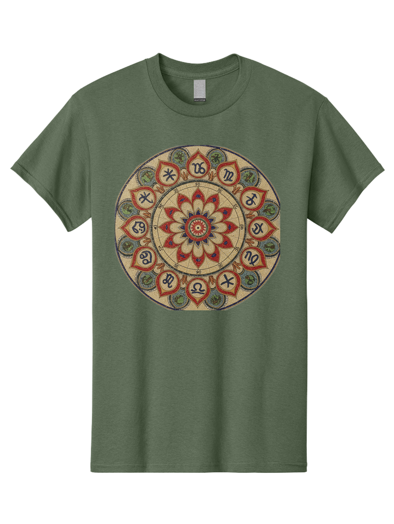 Zodiac-Wheel-Mandala Men'S Graphic Tee, 100% Cotton, Comfortable Casual Summer Wear, Machine Washable, Zodiac Wheel, Astrology, Mandala Art, Esoteric Symbols, Spiritual Design, Mystical Patterns, Red And Blue Petals, Symbolic Representation, Bae344 12