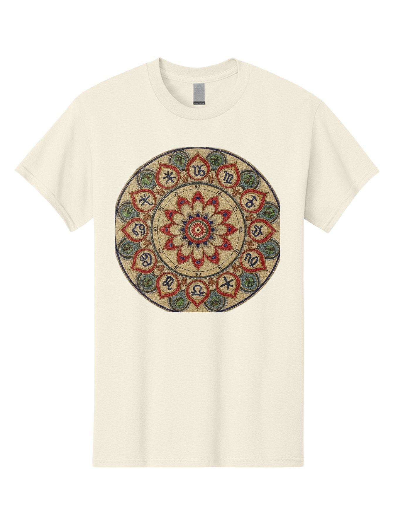 Zodiac-Wheel-Mandala Men'S Graphic Tee, 100% Cotton, Comfortable Casual Summer Wear, Machine Washable, Zodiac Wheel, Astrology, Mandala Art, Esoteric Symbols, Spiritual Design, Mystical Patterns, Red And Blue Petals, Symbolic Representation, Bae344 7