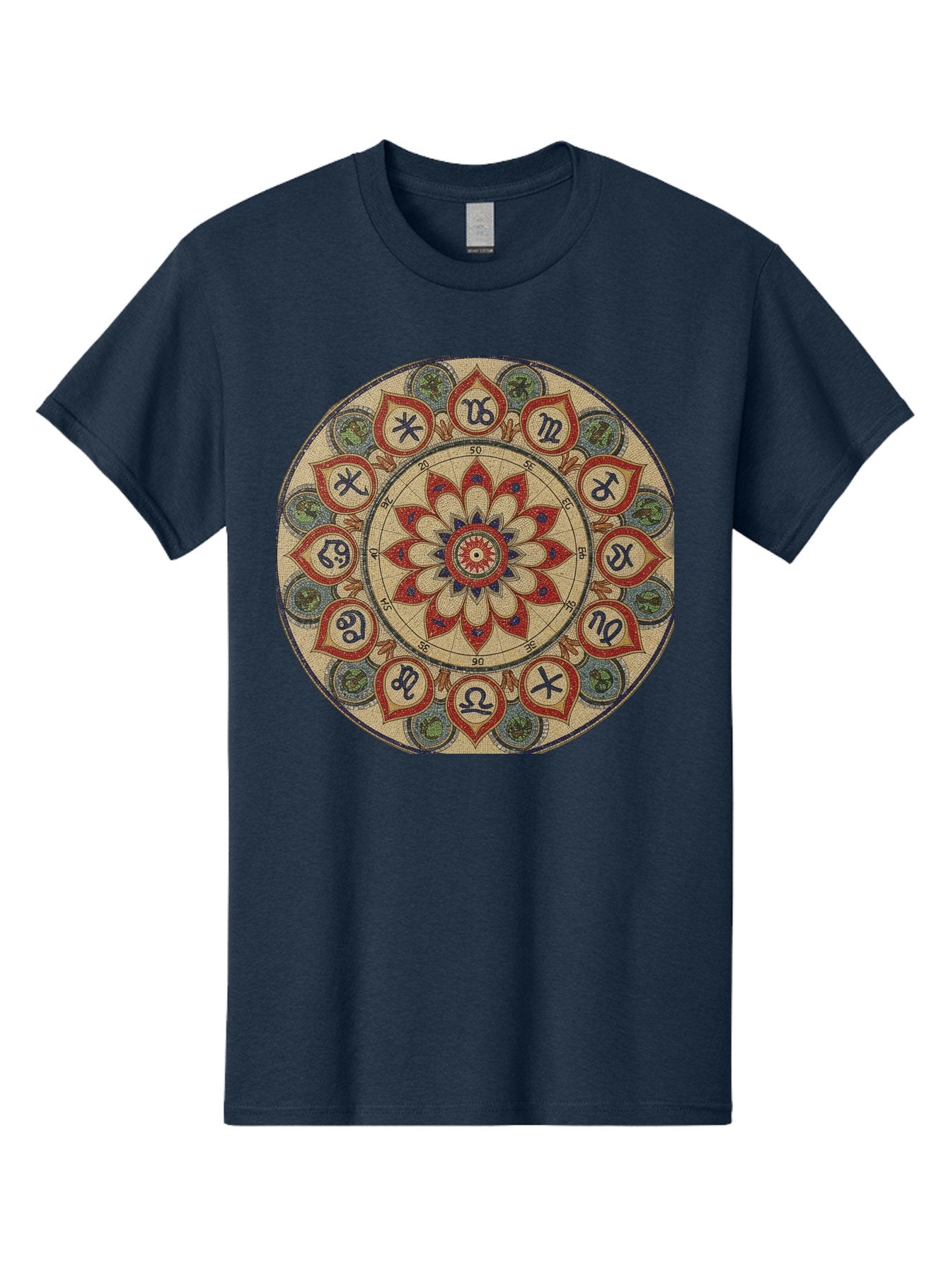 Zodiac-Wheel-Mandala Men'S Graphic Tee, 100% Cotton, Comfortable Casual Summer Wear, Machine Washable, Zodiac Wheel, Astrology, Mandala Art, Esoteric Symbols, Spiritual Design, Mystical Patterns, Red And Blue Petals, Symbolic Representation, Bae344 13