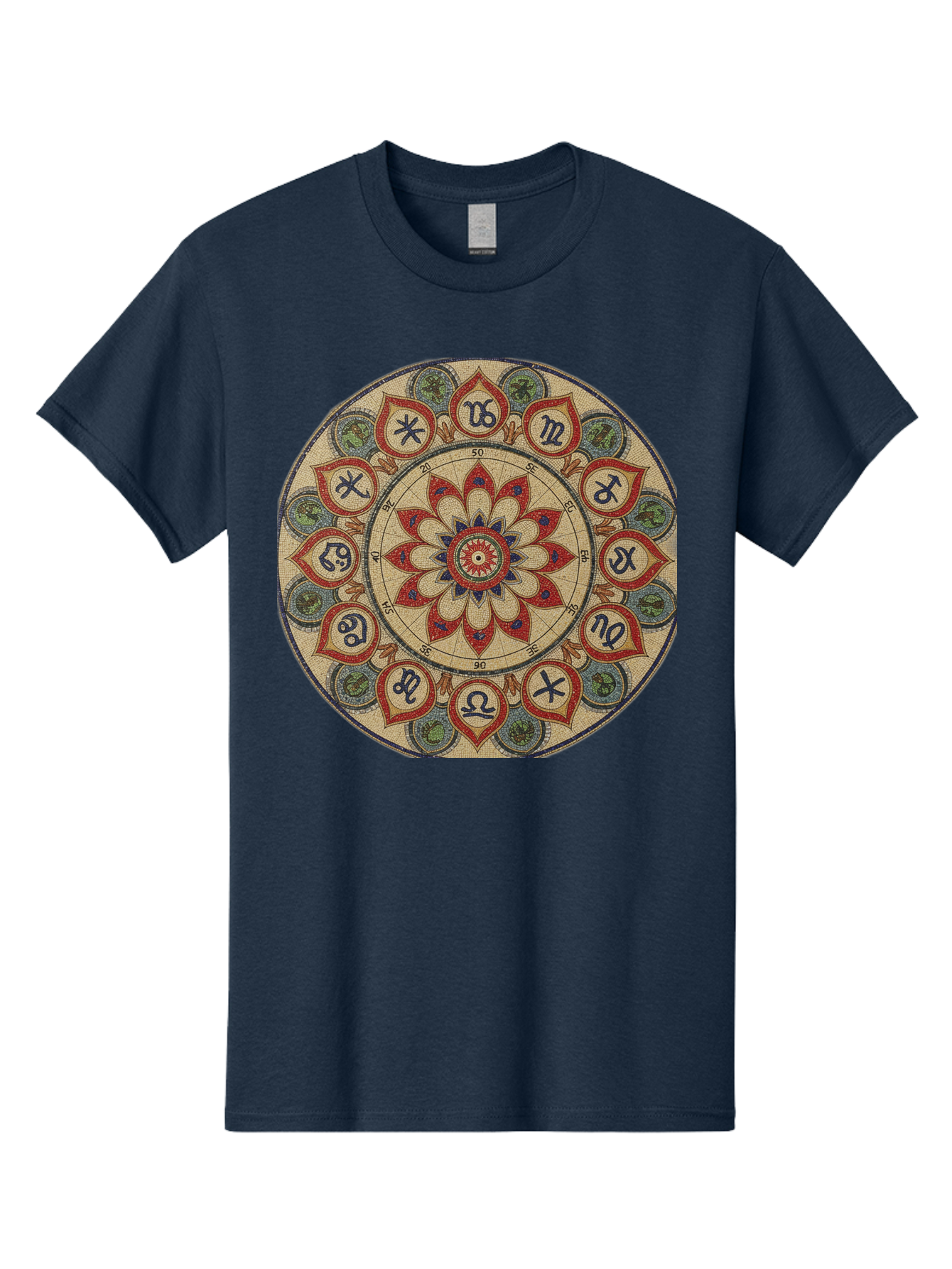Zodiac-Wheel-Mandala Men'S Graphic Tee, 100% Cotton, Comfortable Casual Summer Wear, Machine Washable, Zodiac Wheel, Astrology, Mandala Art, Esoteric Symbols, Spiritual Design, Mystical Patterns, Red And Blue Petals, Symbolic Representation, Bae344 15