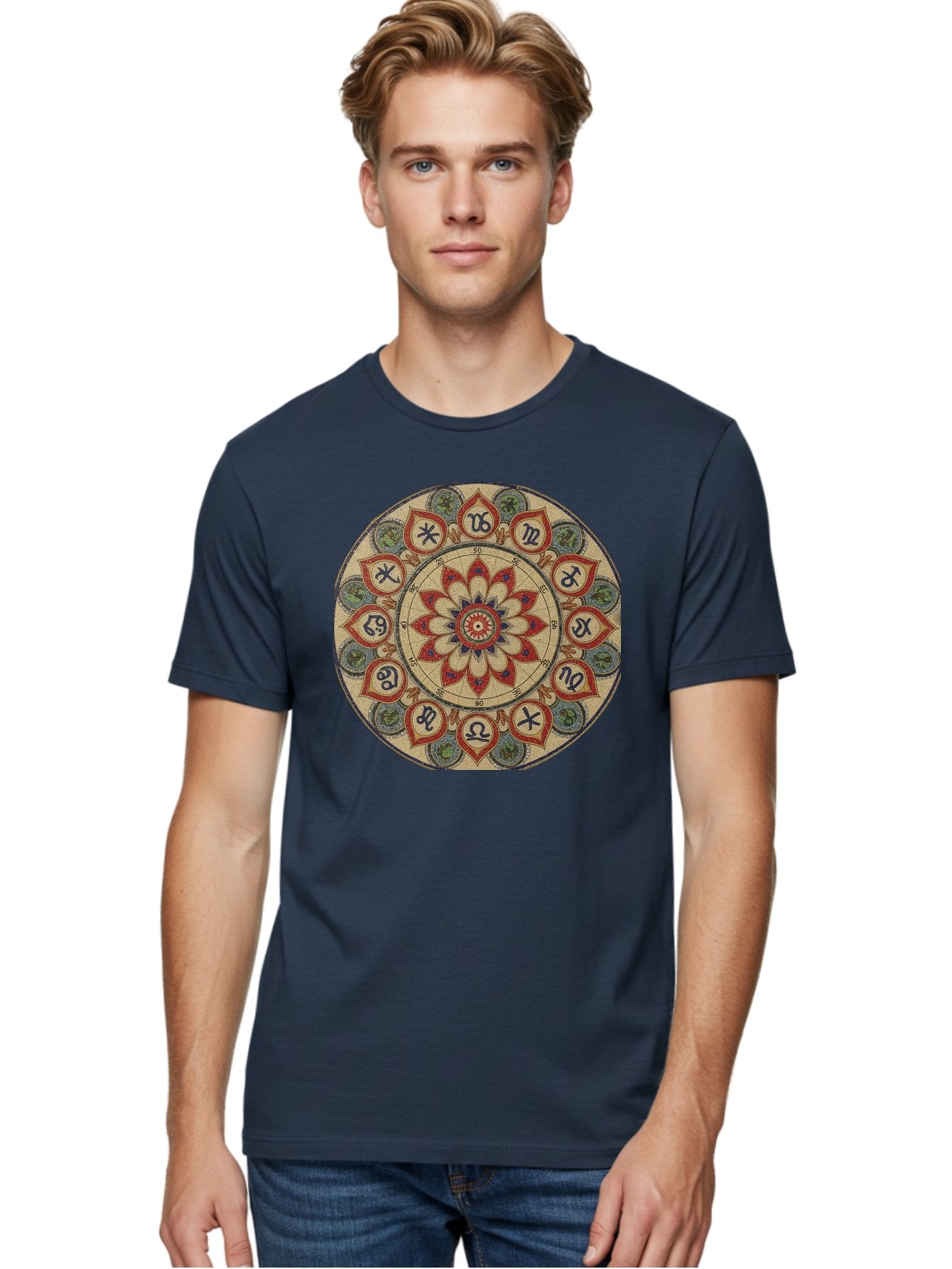 Zodiac-Wheel-Mandala Men'S Graphic Tee, 100% Cotton, Comfortable Casual Summer Wear, Machine Washable, Zodiac Wheel, Astrology, Mandala Art, Esoteric Symbols, Spiritual Design, Mystical Patterns, Red And Blue Petals, Symbolic Representation, Bae344 20