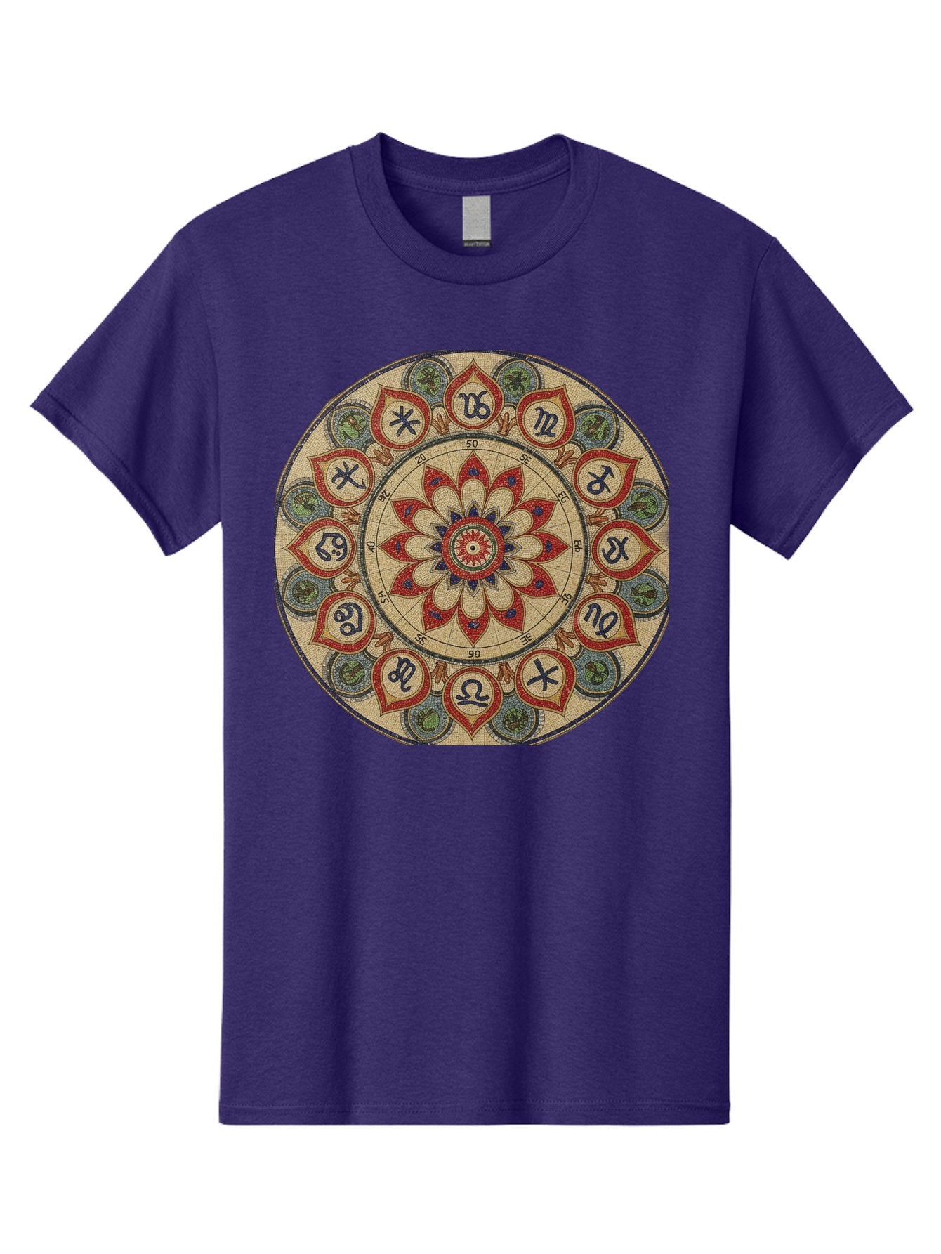 Zodiac-Wheel-Mandala Men'S Graphic Tee, 100% Cotton, Comfortable Casual Summer Wear, Machine Washable, Zodiac Wheel, Astrology, Mandala Art, Esoteric Symbols, Spiritual Design, Mystical Patterns, Red And Blue Petals, Symbolic Representation, Bae344 9