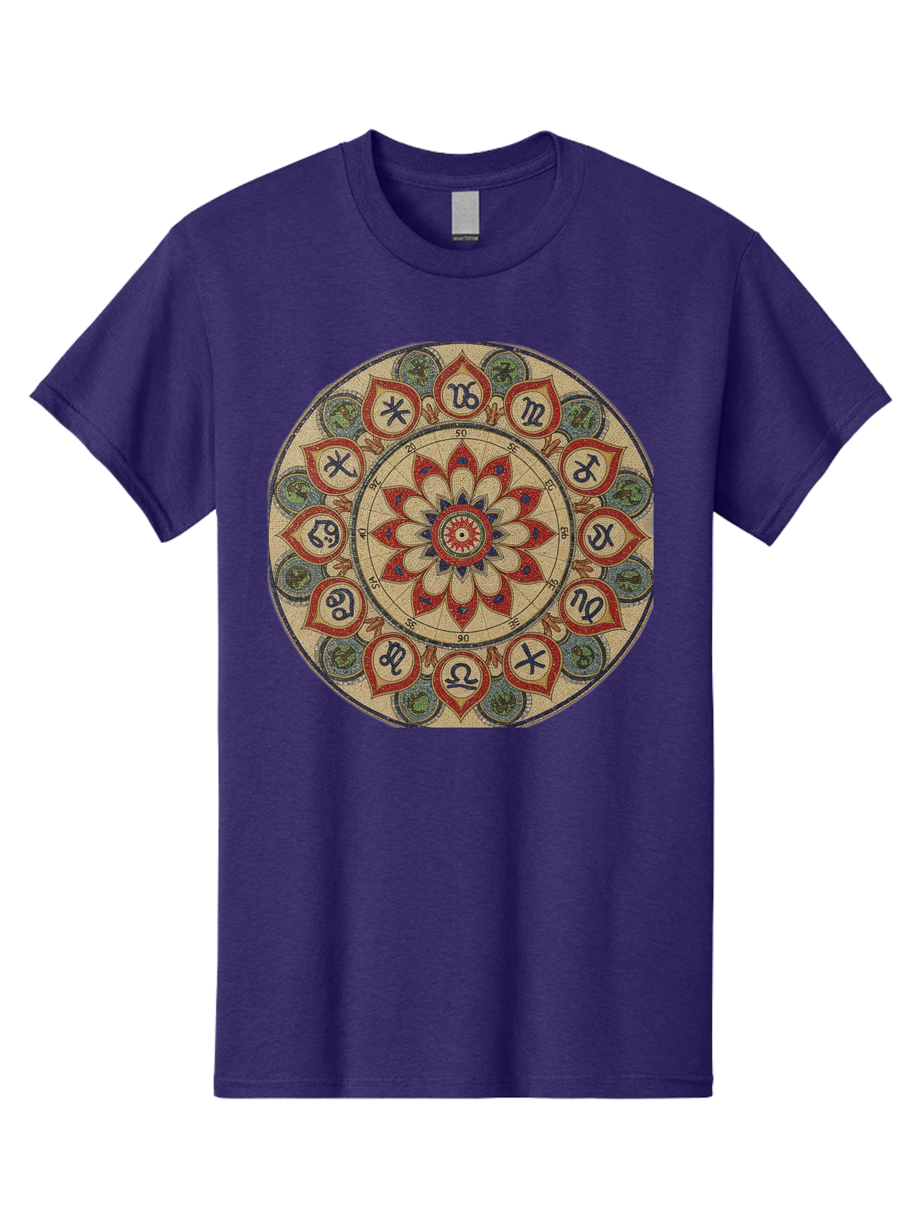 Zodiac-Wheel-Mandala Men'S Graphic Tee, 100% Cotton, Comfortable Casual Summer Wear, Machine Washable, Zodiac Wheel, Astrology, Mandala Art, Esoteric Symbols, Spiritual Design, Mystical Patterns, Red And Blue Petals, Symbolic Representation, Bae344 5