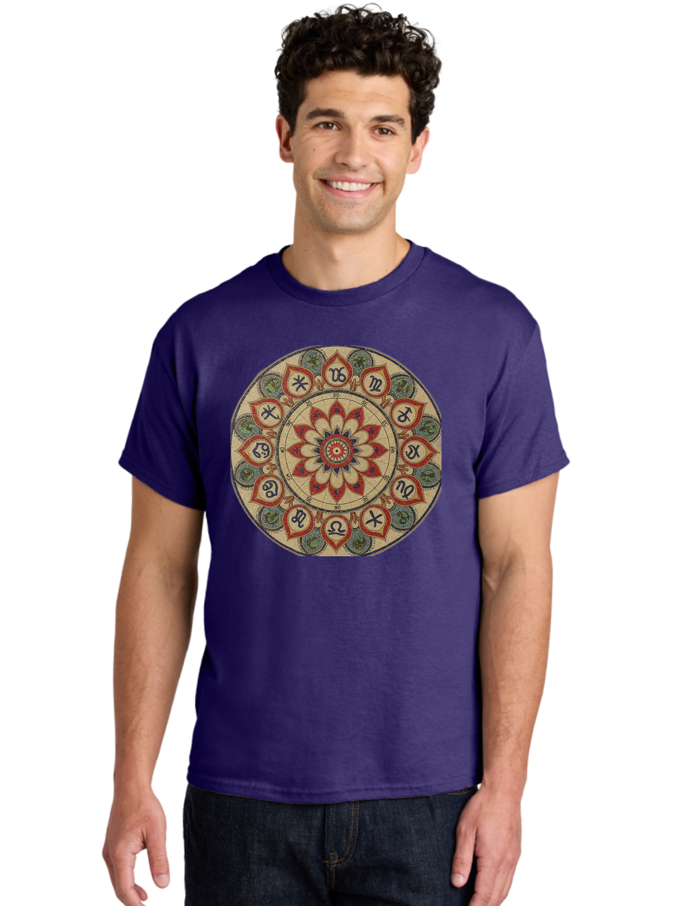 Zodiac-Wheel-Mandala Men'S Graphic Tee, 100% Cotton, Comfortable Casual Summer Wear, Machine Washable, Zodiac Wheel, Astrology, Mandala Art, Esoteric Symbols, Spiritual Design, Mystical Patterns, Red And Blue Petals, Symbolic Representation, Bae344 20