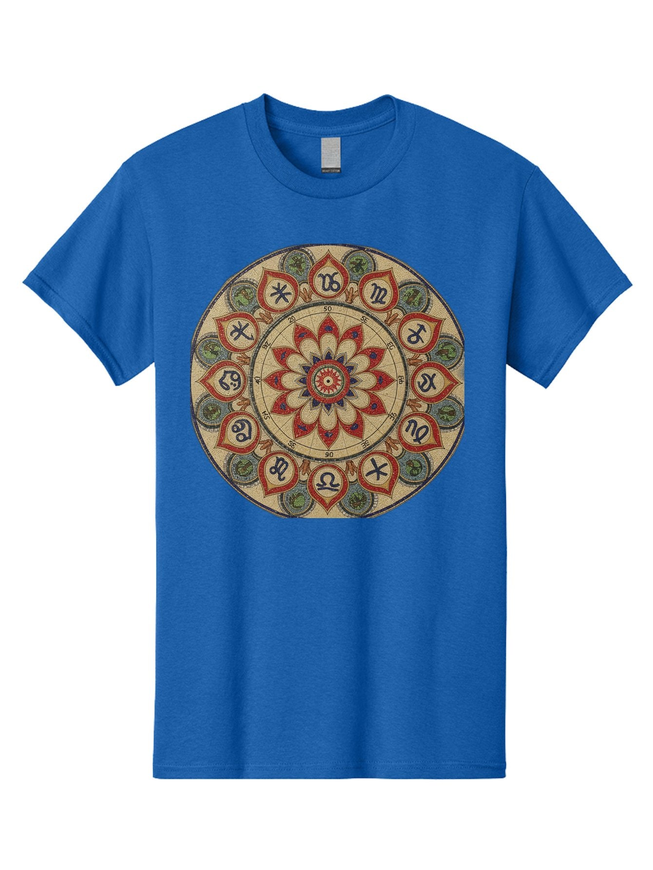 Zodiac-Wheel-Mandala Men'S Graphic Tee, 100% Cotton, Comfortable Casual Summer Wear, Machine Washable, Zodiac Wheel, Astrology, Mandala Art, Esoteric Symbols, Spiritual Design, Mystical Patterns, Red And Blue Petals, Symbolic Representation, Bae344 3