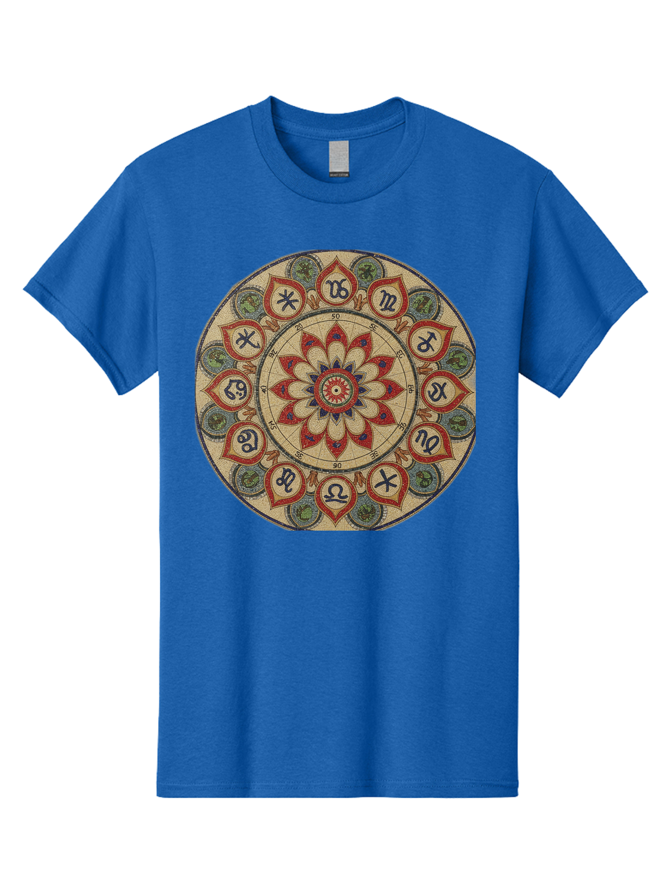 Zodiac-Wheel-Mandala Men'S Graphic Tee, 100% Cotton, Comfortable Casual Summer Wear, Machine Washable, Zodiac Wheel, Astrology, Mandala Art, Esoteric Symbols, Spiritual Design, Mystical Patterns, Red And Blue Petals, Symbolic Representation, Bae344 9