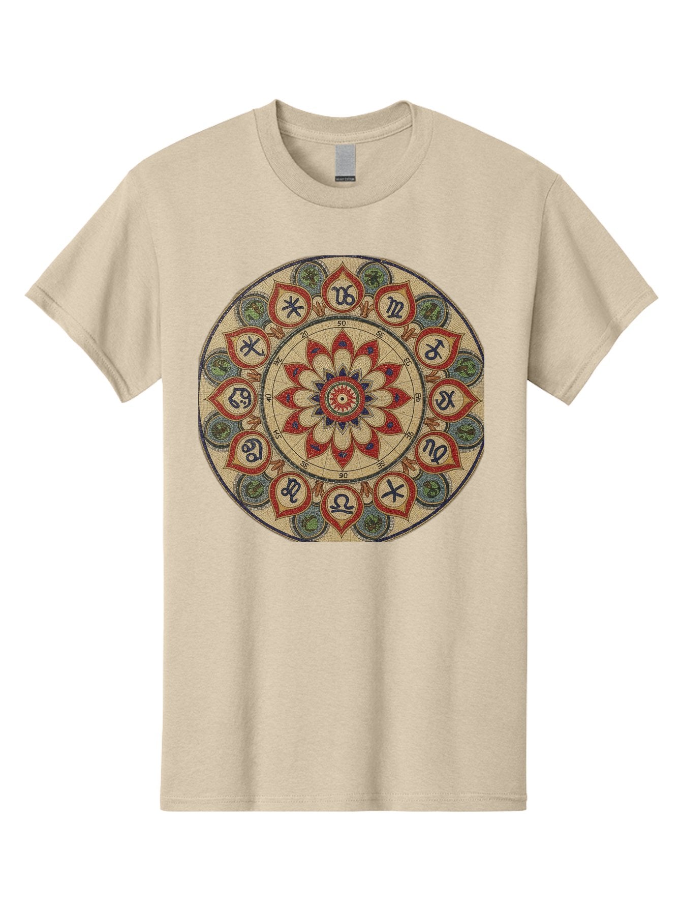 Zodiac-Wheel-Mandala Men'S Graphic Tee, 100% Cotton, Comfortable Casual Summer Wear, Machine Washable, Zodiac Wheel, Astrology, Mandala Art, Esoteric Symbols, Spiritual Design, Mystical Patterns, Red And Blue Petals, Symbolic Representation, Bae344 10