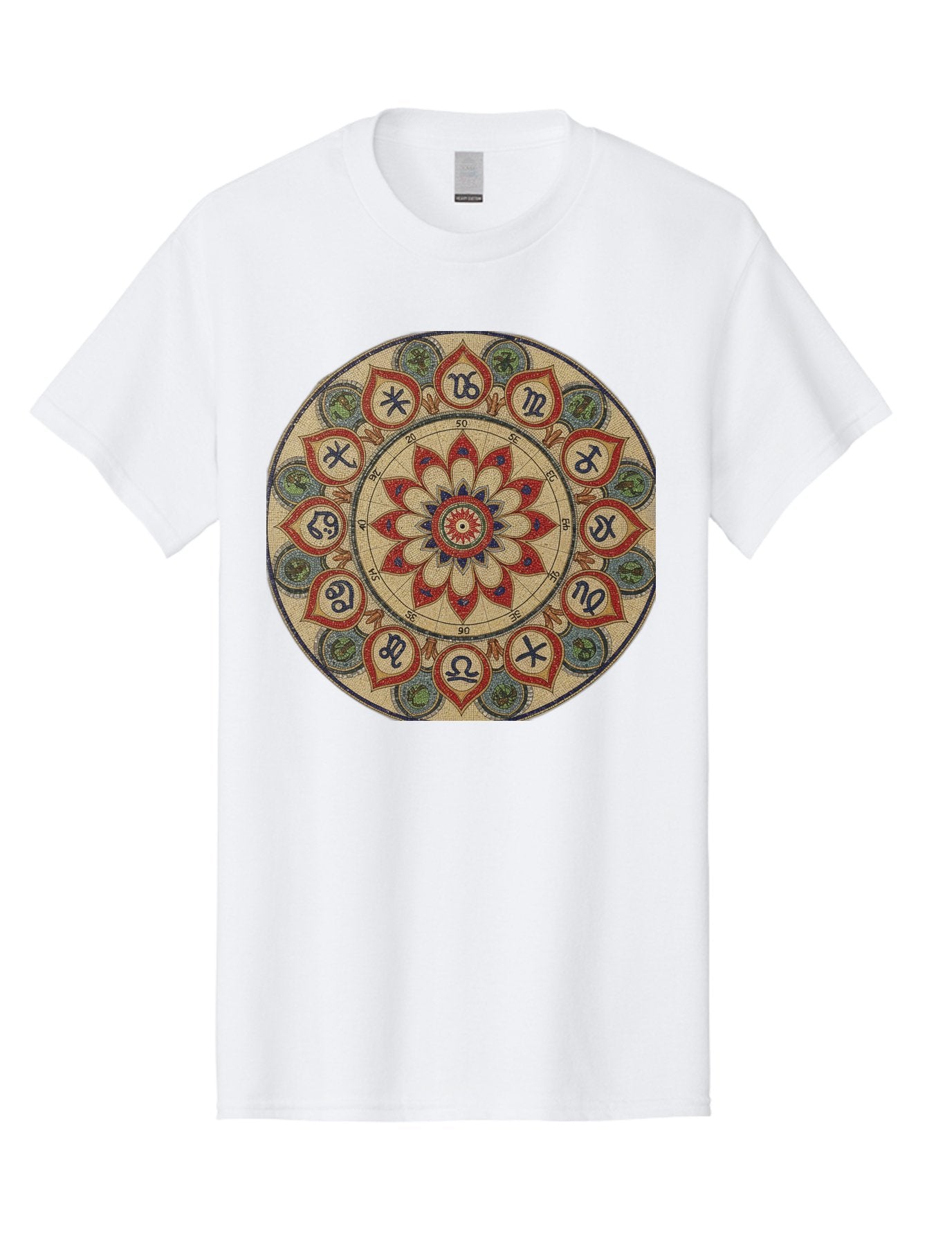 Zodiac-Wheel-Mandala Men'S Graphic Tee, 100% Cotton, Comfortable Casual Summer Wear, Machine Washable, Zodiac Wheel, Astrology, Mandala Art, Esoteric Symbols, Spiritual Design, Mystical Patterns, Red And Blue Petals, Symbolic Representation, Bae344
