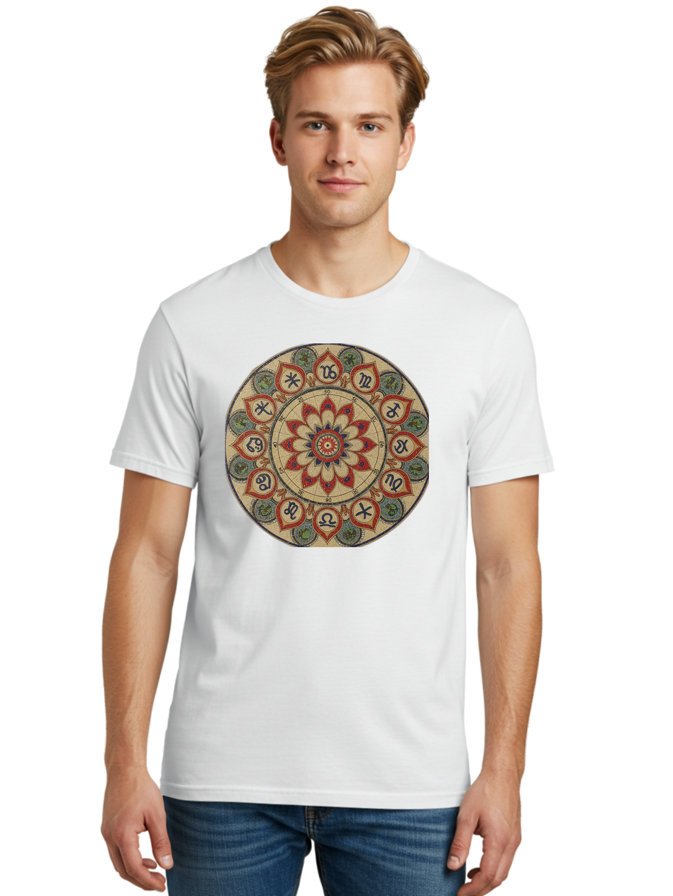 Zodiac-Wheel-Mandala Men'S Graphic Tee, 100% Cotton, Comfortable Casual Summer Wear, Machine Washable, Zodiac Wheel, Astrology, Mandala Art, Esoteric Symbols, Spiritual Design, Mystical Patterns, Red And Blue Petals, Symbolic Representation, Bae344 25
