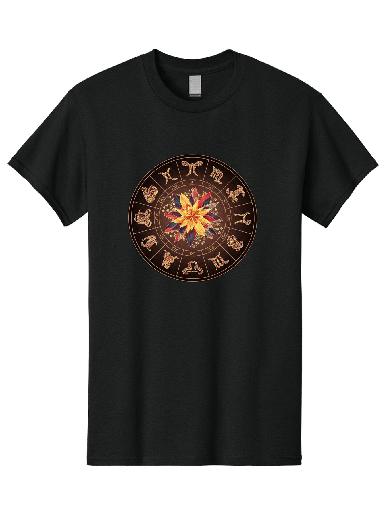 Zodiac-Wheel Men'S Graphic Tee, 100% Cotton, Comfortable Casual Summer Wear, Machine Washable, Zodiac Wheel, Astrology Symbols, Star Signs, Mystical Design, Colorful Flower, Gold Accents, Spiritual Significance, Celestial Body, Bae345 14
