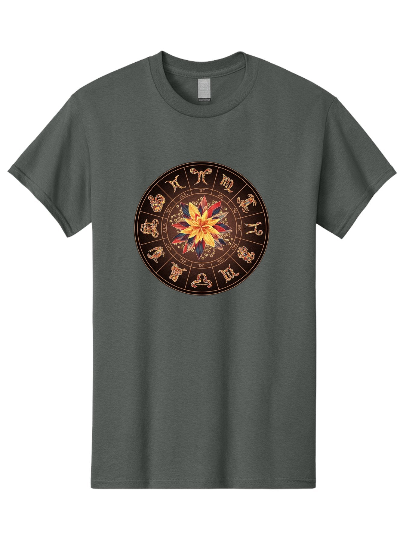 Zodiac-Wheel Men'S Graphic Tee, 100% Cotton, Comfortable Casual Summer Wear, Machine Washable, Zodiac Wheel, Astrology Symbols, Star Signs, Mystical Design, Colorful Flower, Gold Accents, Spiritual Significance, Celestial Body, Bae345 4