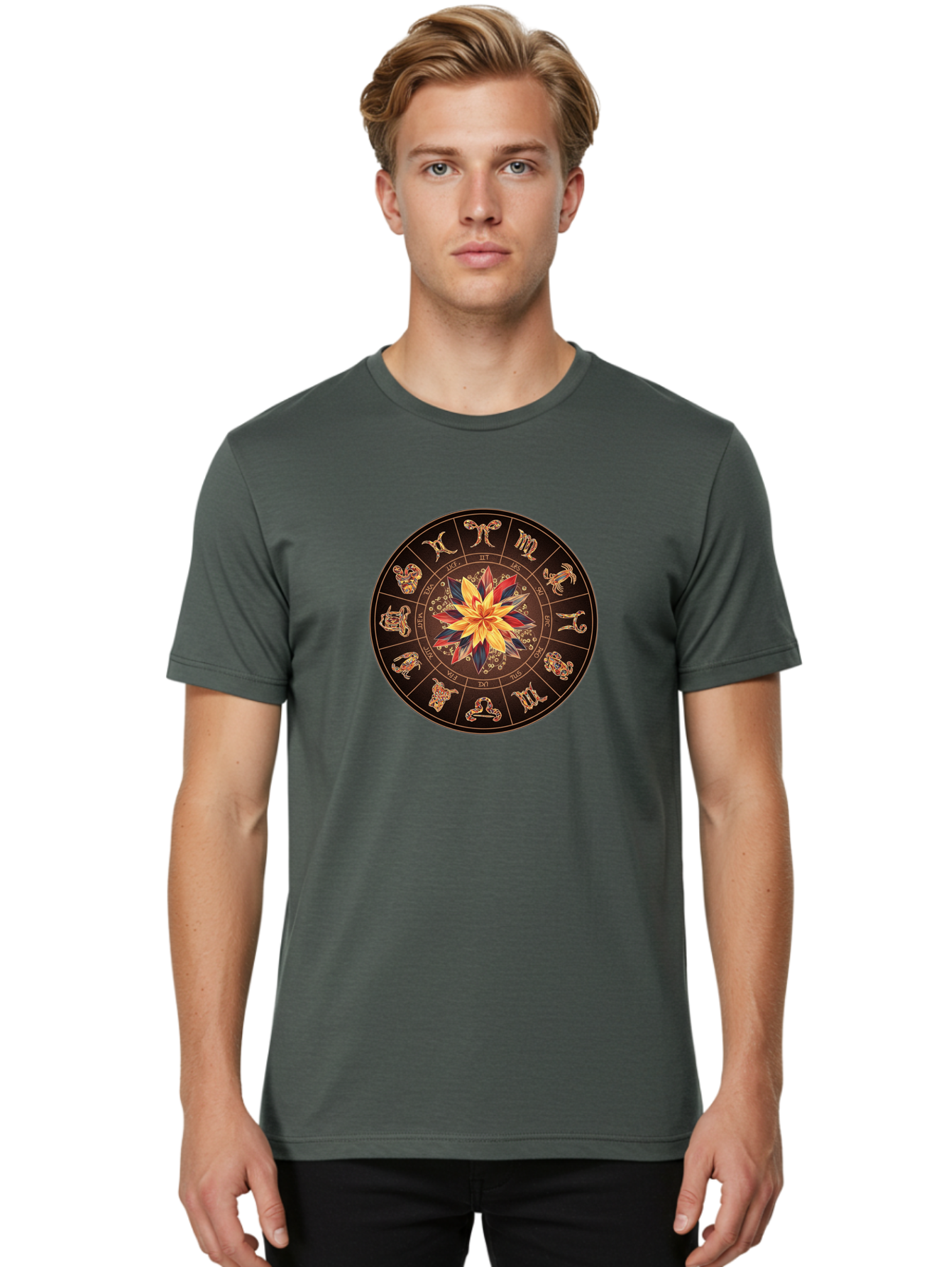 Zodiac-Wheel Men'S Graphic Tee, 100% Cotton, Comfortable Casual Summer Wear, Machine Washable, Zodiac Wheel, Astrology Symbols, Star Signs, Mystical Design, Colorful Flower, Gold Accents, Spiritual Significance, Celestial Body, Bae345 27