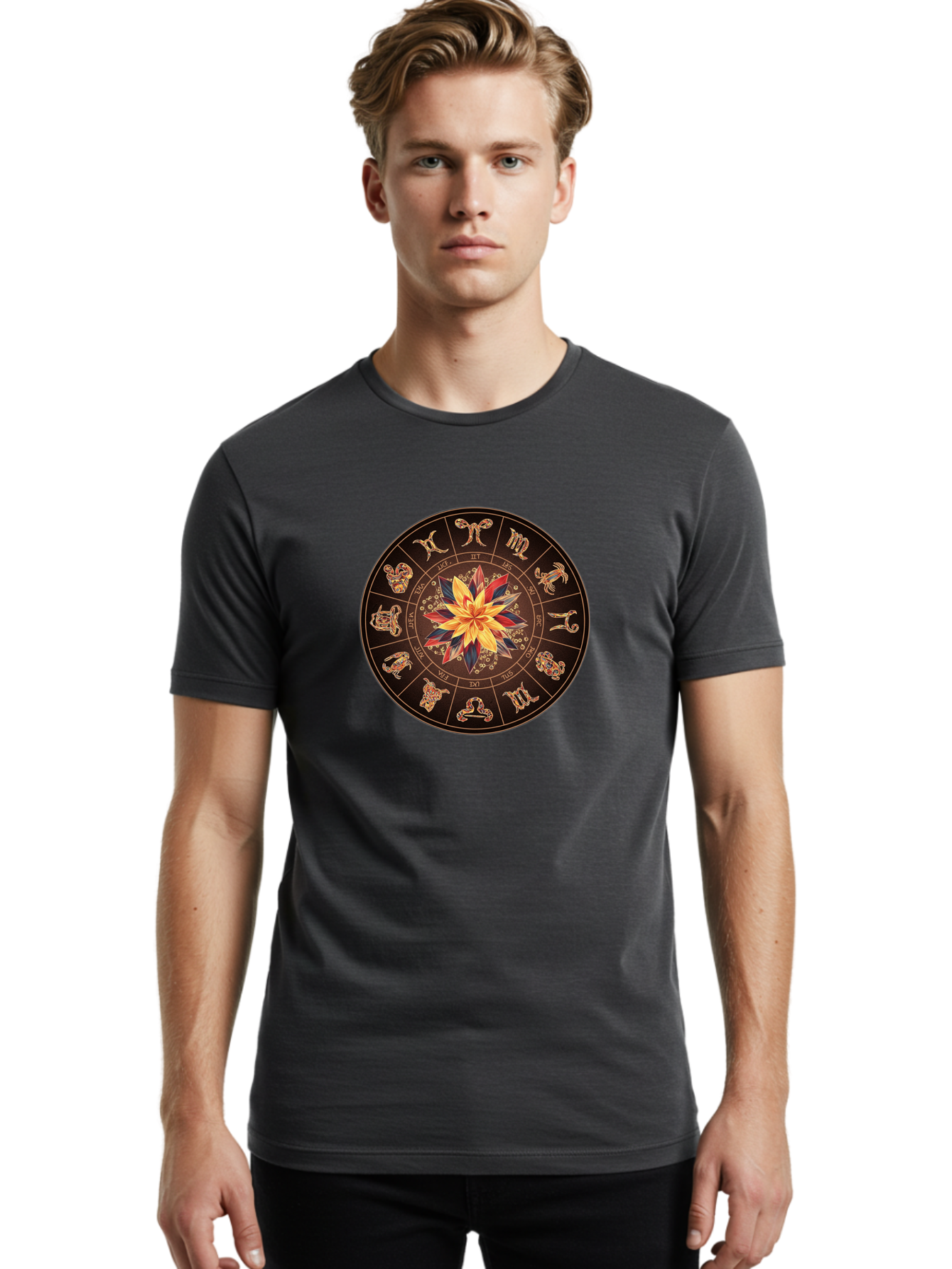 Zodiac-Wheel Men'S Graphic Tee, 100% Cotton, Comfortable Casual Summer Wear, Machine Washable, Zodiac Wheel, Astrology Symbols, Star Signs, Mystical Design, Colorful Flower, Gold Accents, Spiritual Significance, Celestial Body, Bae345 28
