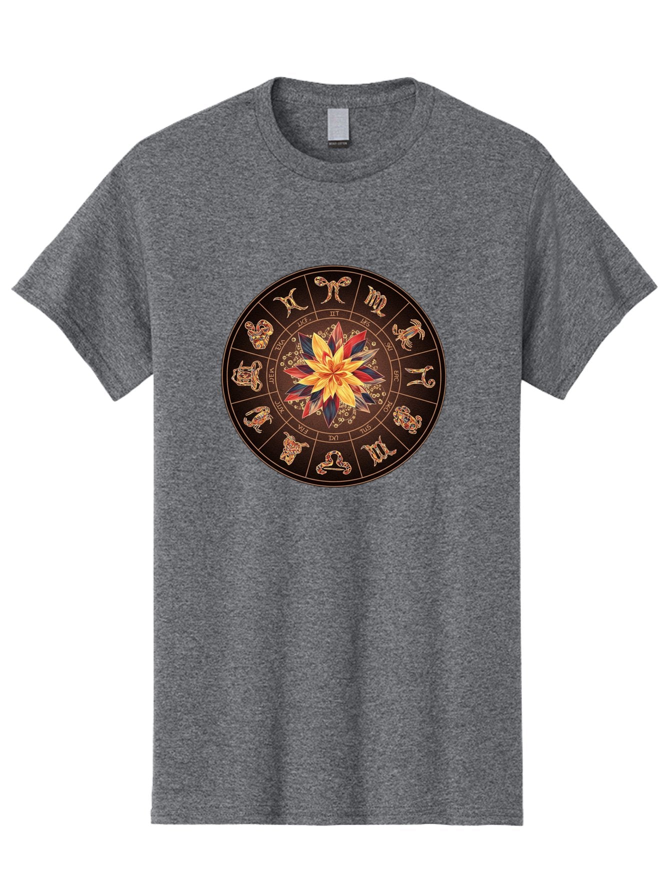 Zodiac-Wheel Men'S Graphic Tee, 100% Cotton, Comfortable Casual Summer Wear, Machine Washable, Zodiac Wheel, Astrology Symbols, Star Signs, Mystical Design, Colorful Flower, Gold Accents, Spiritual Significance, Celestial Body, Bae345 8
