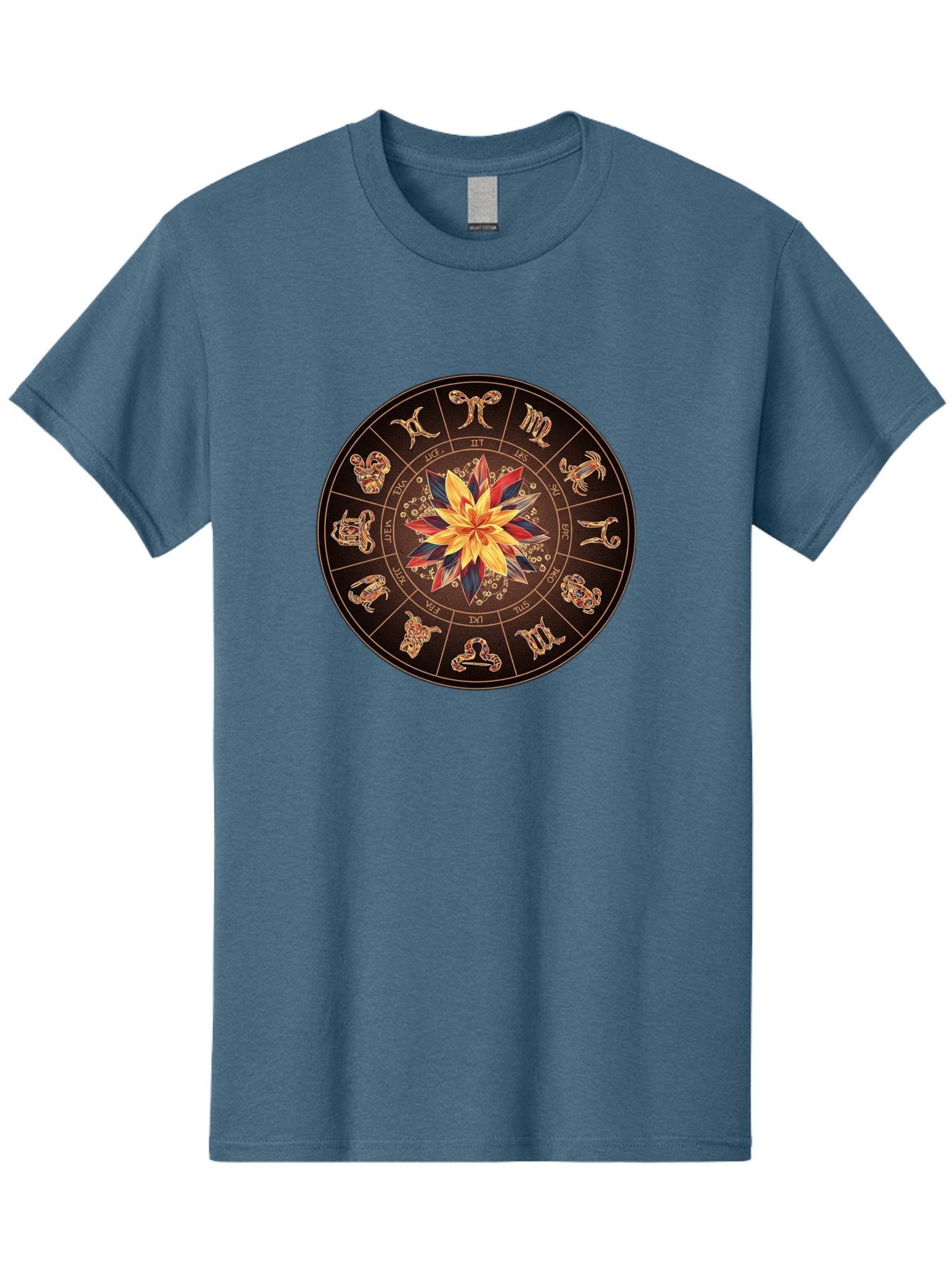 Zodiac-Wheel Men'S Graphic Tee, 100% Cotton, Comfortable Casual Summer Wear, Machine Washable, Zodiac Wheel, Astrology Symbols, Star Signs, Mystical Design, Colorful Flower, Gold Accents, Spiritual Significance, Celestial Body, Bae345 5