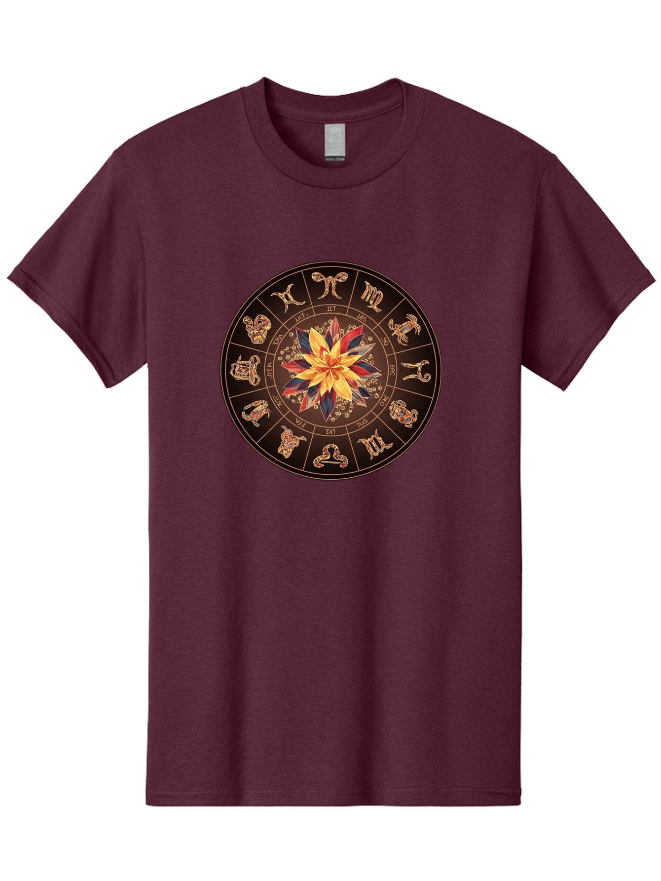 Zodiac-Wheel Men'S Graphic Tee, 100% Cotton, Comfortable Casual Summer Wear, Machine Washable, Zodiac Wheel, Astrology Symbols, Star Signs, Mystical Design, Colorful Flower, Gold Accents, Spiritual Significance, Celestial Body, Bae345 11