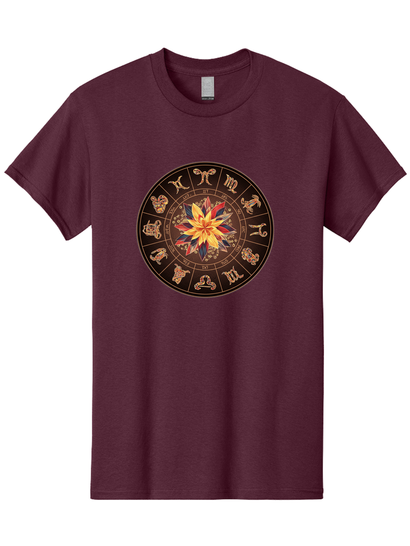 Zodiac-Wheel Men'S Graphic Tee, 100% Cotton, Comfortable Casual Summer Wear, Machine Washable, Zodiac Wheel, Astrology Symbols, Star Signs, Mystical Design, Colorful Flower, Gold Accents, Spiritual Significance, Celestial Body, Bae345 4