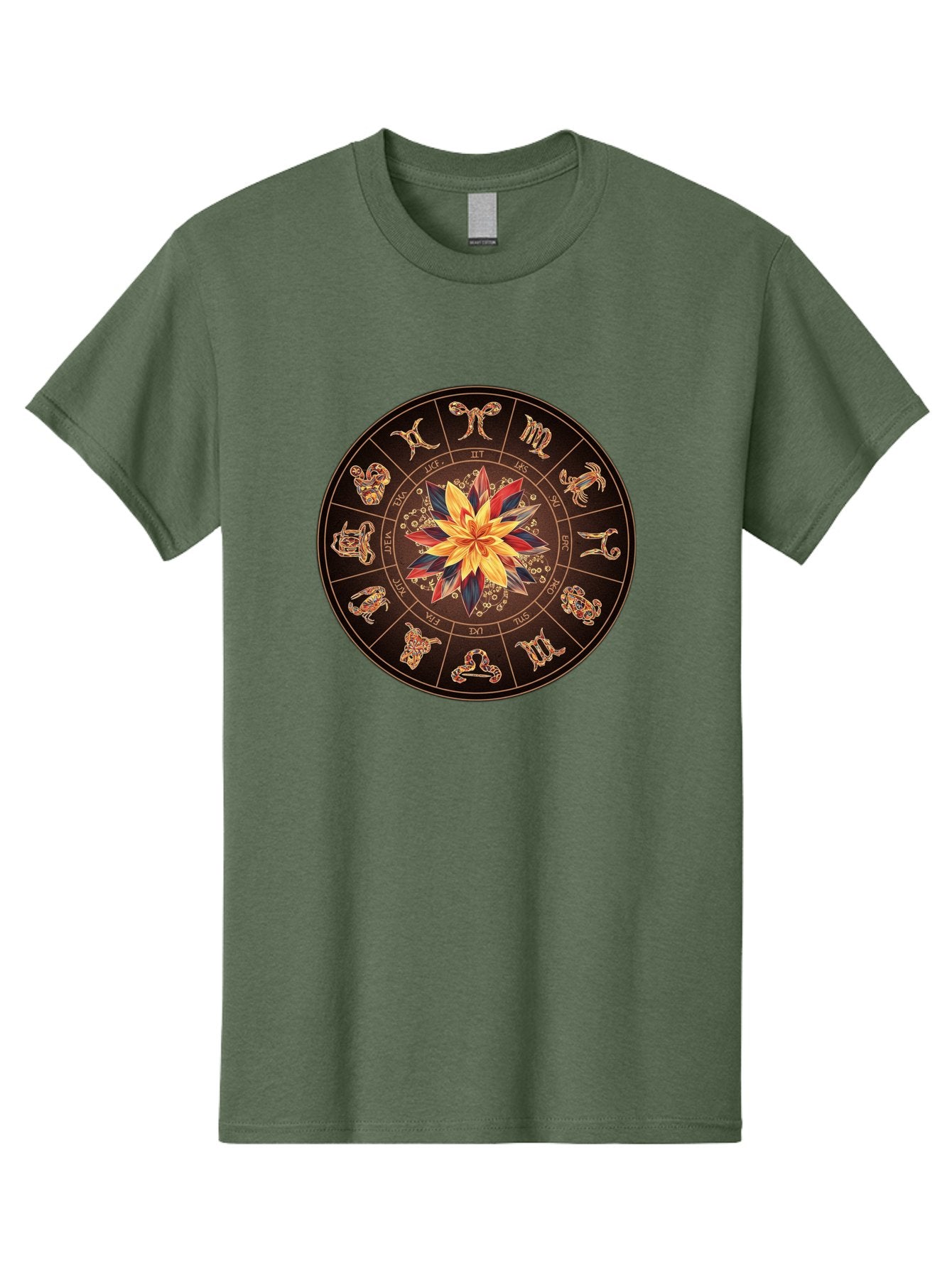 Zodiac-Wheel Men'S Graphic Tee, 100% Cotton, Comfortable Casual Summer Wear, Machine Washable, Zodiac Wheel, Astrology Symbols, Star Signs, Mystical Design, Colorful Flower, Gold Accents, Spiritual Significance, Celestial Body, Bae345 15