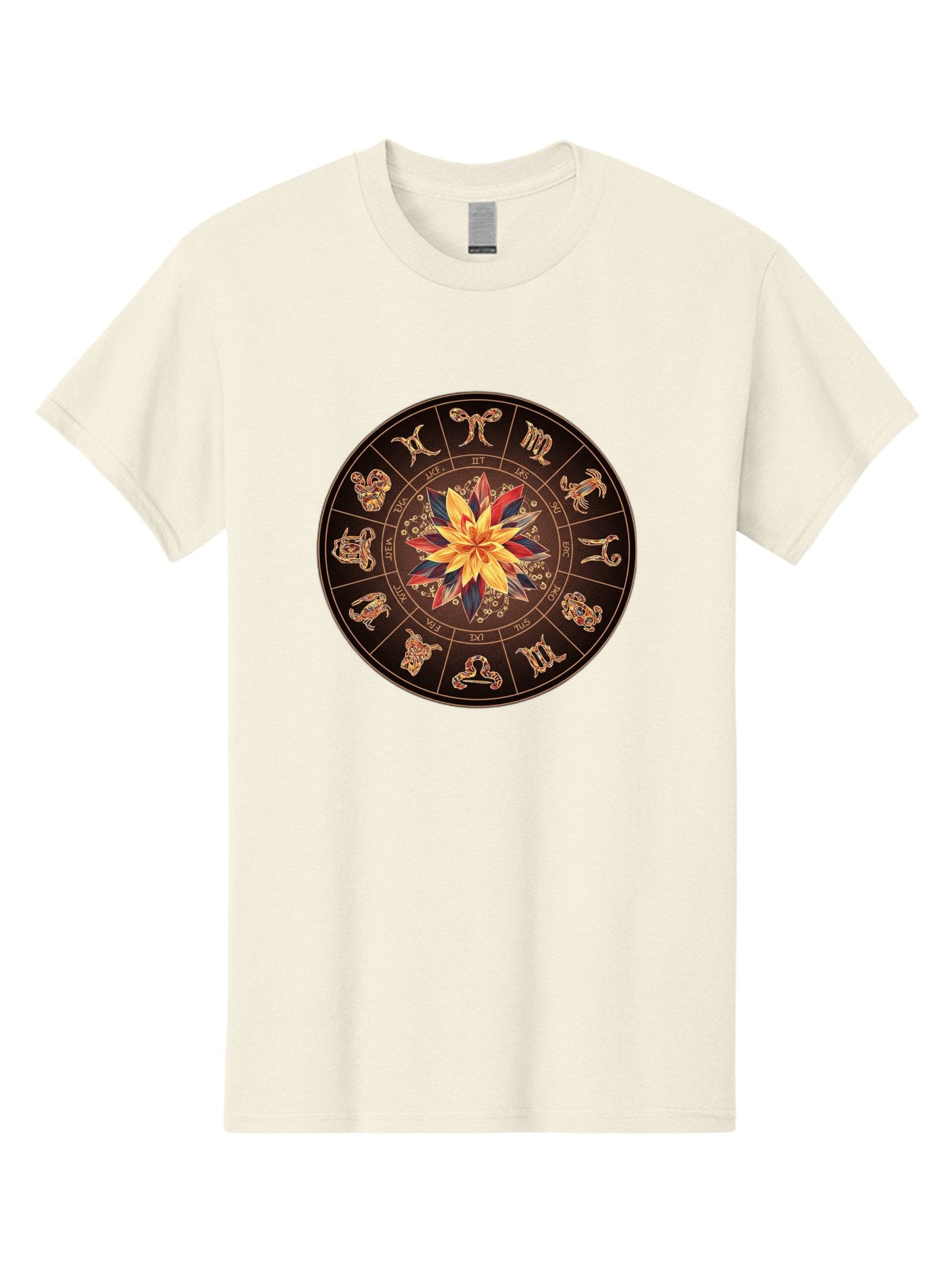 Zodiac-Wheel Men'S Graphic Tee, 100% Cotton, Comfortable Casual Summer Wear, Machine Washable, Zodiac Wheel, Astrology Symbols, Star Signs, Mystical Design, Colorful Flower, Gold Accents, Spiritual Significance, Celestial Body, Bae345 12