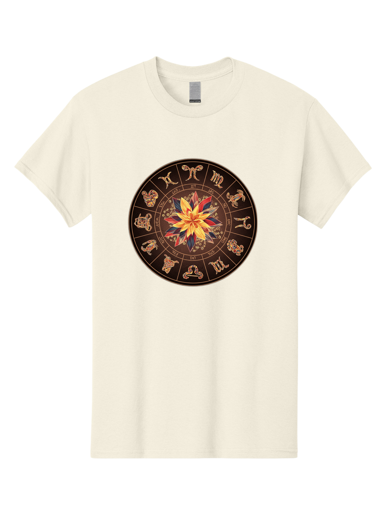 Zodiac-Wheel Men'S Graphic Tee, 100% Cotton, Comfortable Casual Summer Wear, Machine Washable, Zodiac Wheel, Astrology Symbols, Star Signs, Mystical Design, Colorful Flower, Gold Accents, Spiritual Significance, Celestial Body, Bae345 3