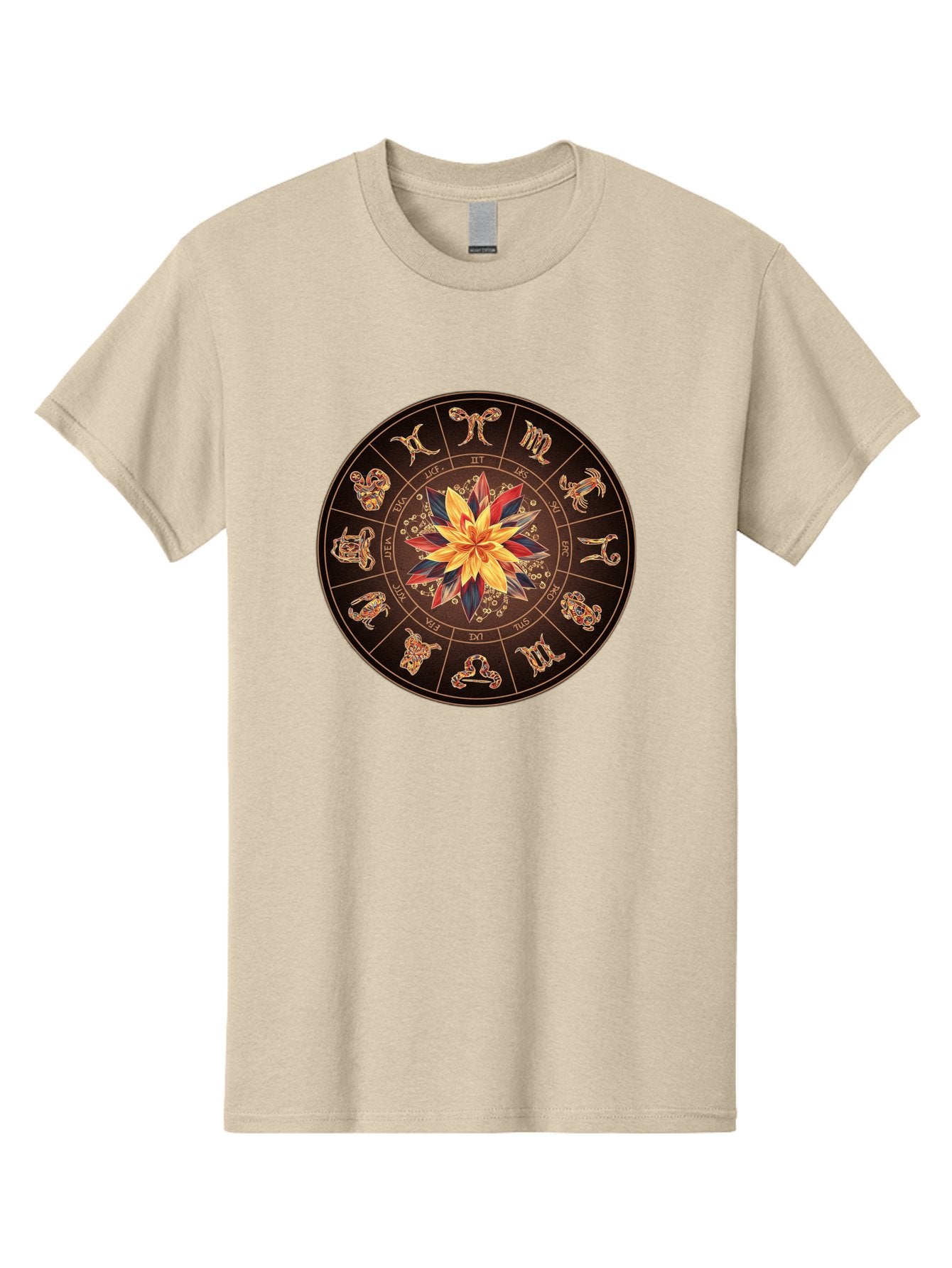Zodiac-Wheel Men'S Graphic Tee, 100% Cotton, Comfortable Casual Summer Wear, Machine Washable, Zodiac Wheel, Astrology Symbols, Star Signs, Mystical Design, Colorful Flower, Gold Accents, Spiritual Significance, Celestial Body, Bae345 9