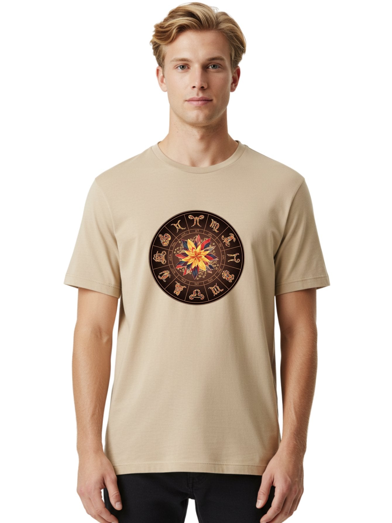 Zodiac-Wheel Men'S Graphic Tee, 100% Cotton, Comfortable Casual Summer Wear, Machine Washable, Zodiac Wheel, Astrology Symbols, Star Signs, Mystical Design, Colorful Flower, Gold Accents, Spiritual Significance, Celestial Body, Bae345 26