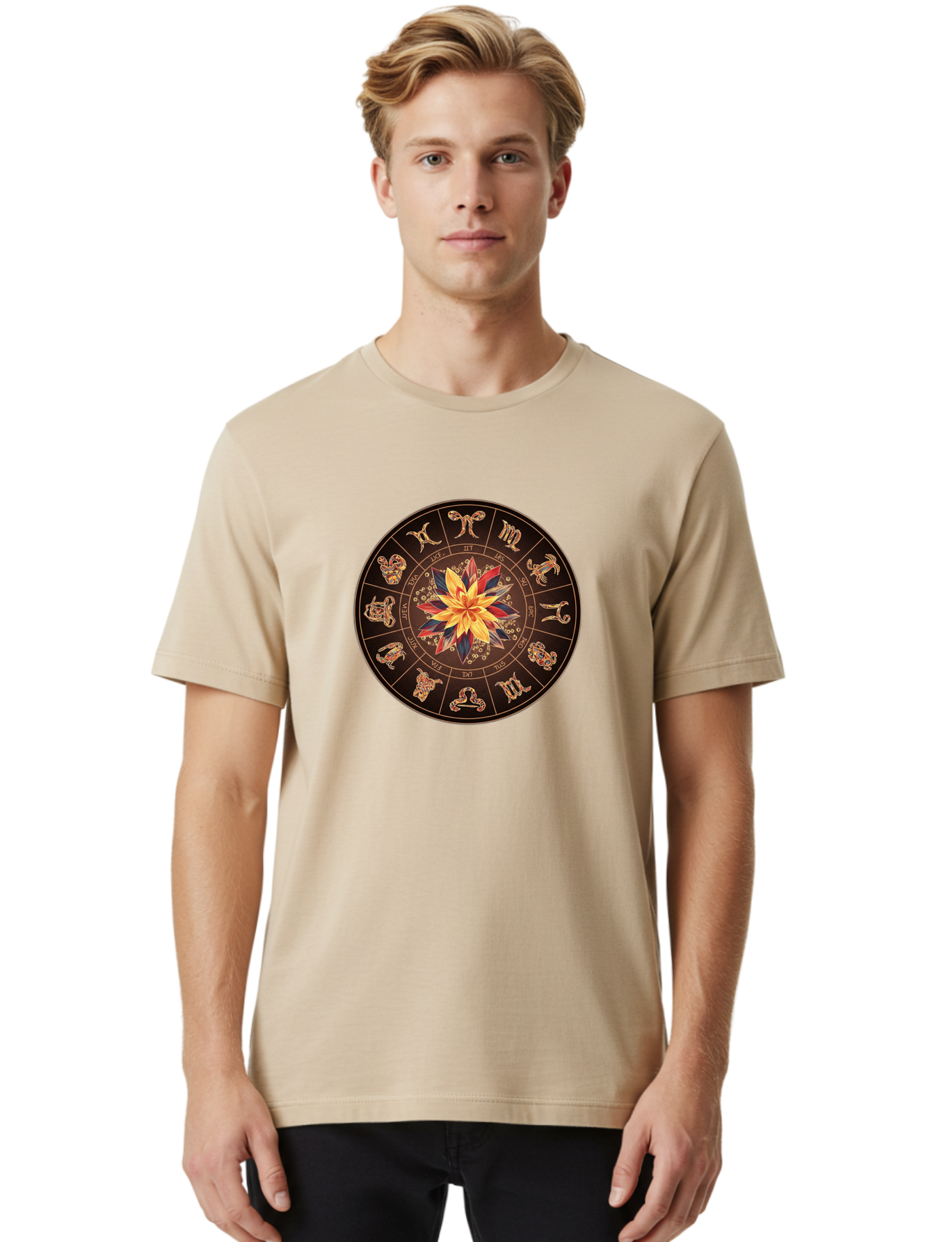 Zodiac-Wheel Men'S Graphic Tee, 100% Cotton, Comfortable Casual Summer Wear, Machine Washable, Zodiac Wheel, Astrology Symbols, Star Signs, Mystical Design, Colorful Flower, Gold Accents, Spiritual Significance, Celestial Body, Bae345 20