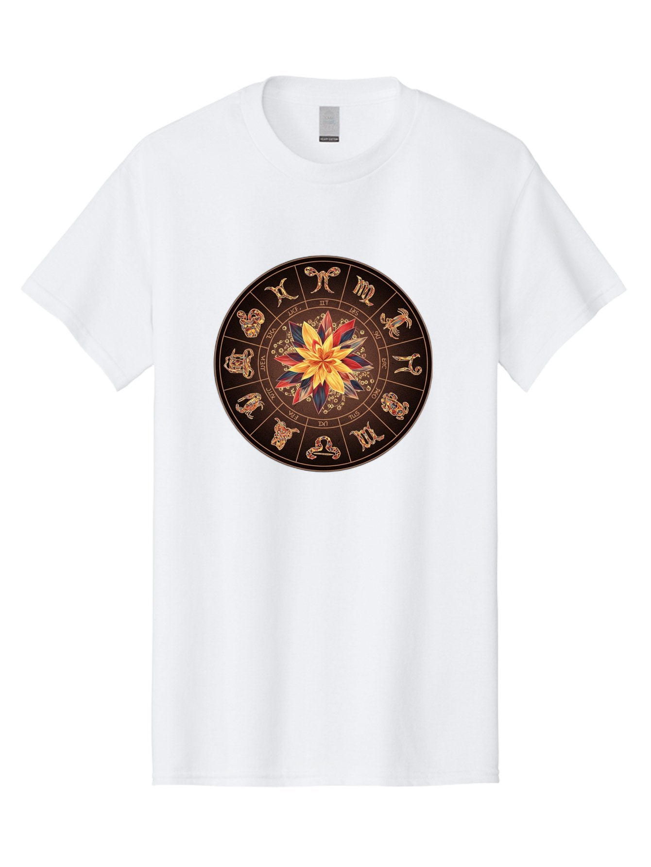 Zodiac-Wheel Men'S Graphic Tee, 100% Cotton, Comfortable Casual Summer Wear, Machine Washable, Zodiac Wheel, Astrology Symbols, Star Signs, Mystical Design, Colorful Flower, Gold Accents, Spiritual Significance, Celestial Body, Bae345 3