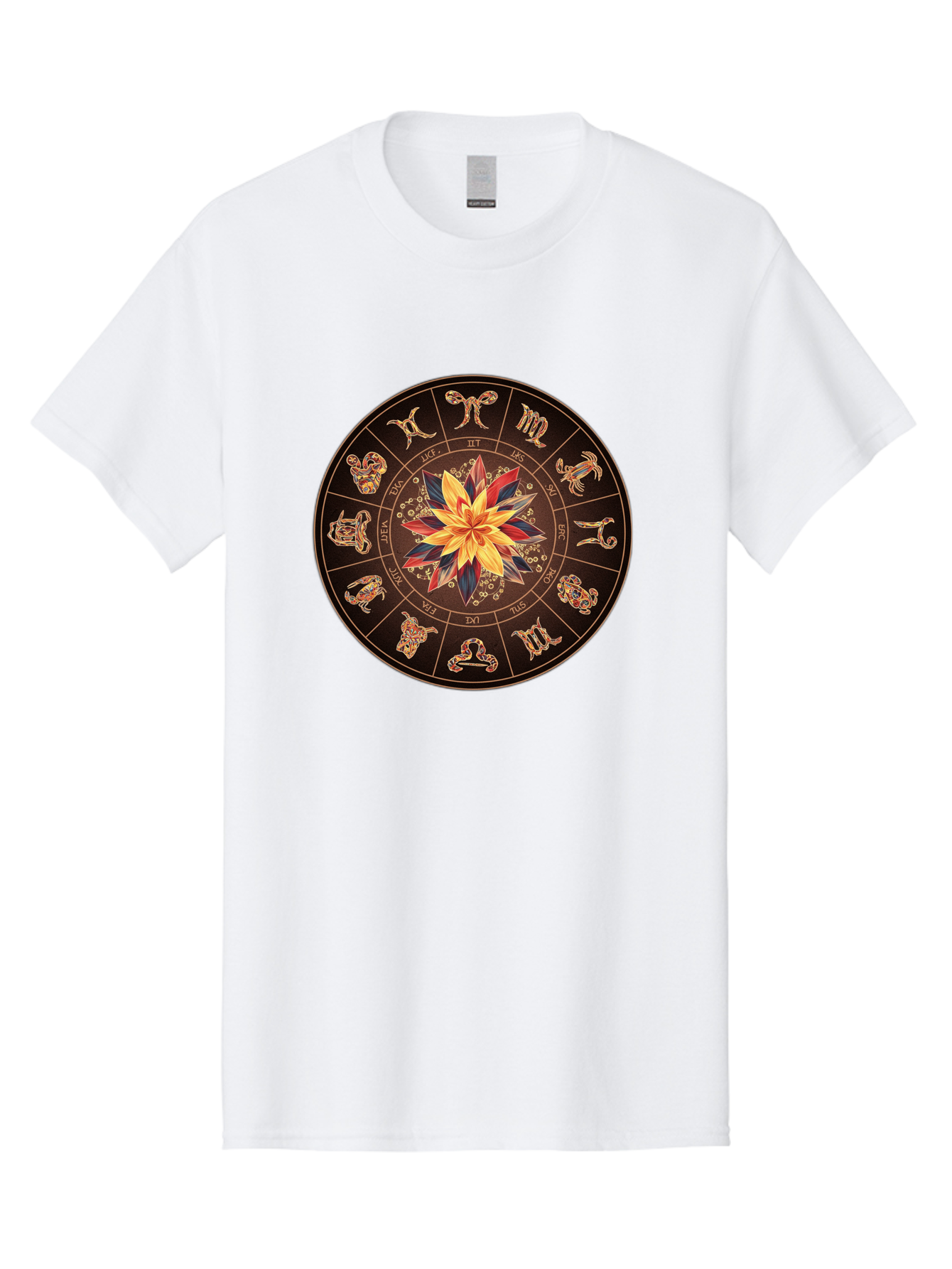 Zodiac-Wheel Men'S Graphic Tee, 100% Cotton, Comfortable Casual Summer Wear, Machine Washable, Zodiac Wheel, Astrology Symbols, Star Signs, Mystical Design, Colorful Flower, Gold Accents, Spiritual Significance, Celestial Body, Bae345 9