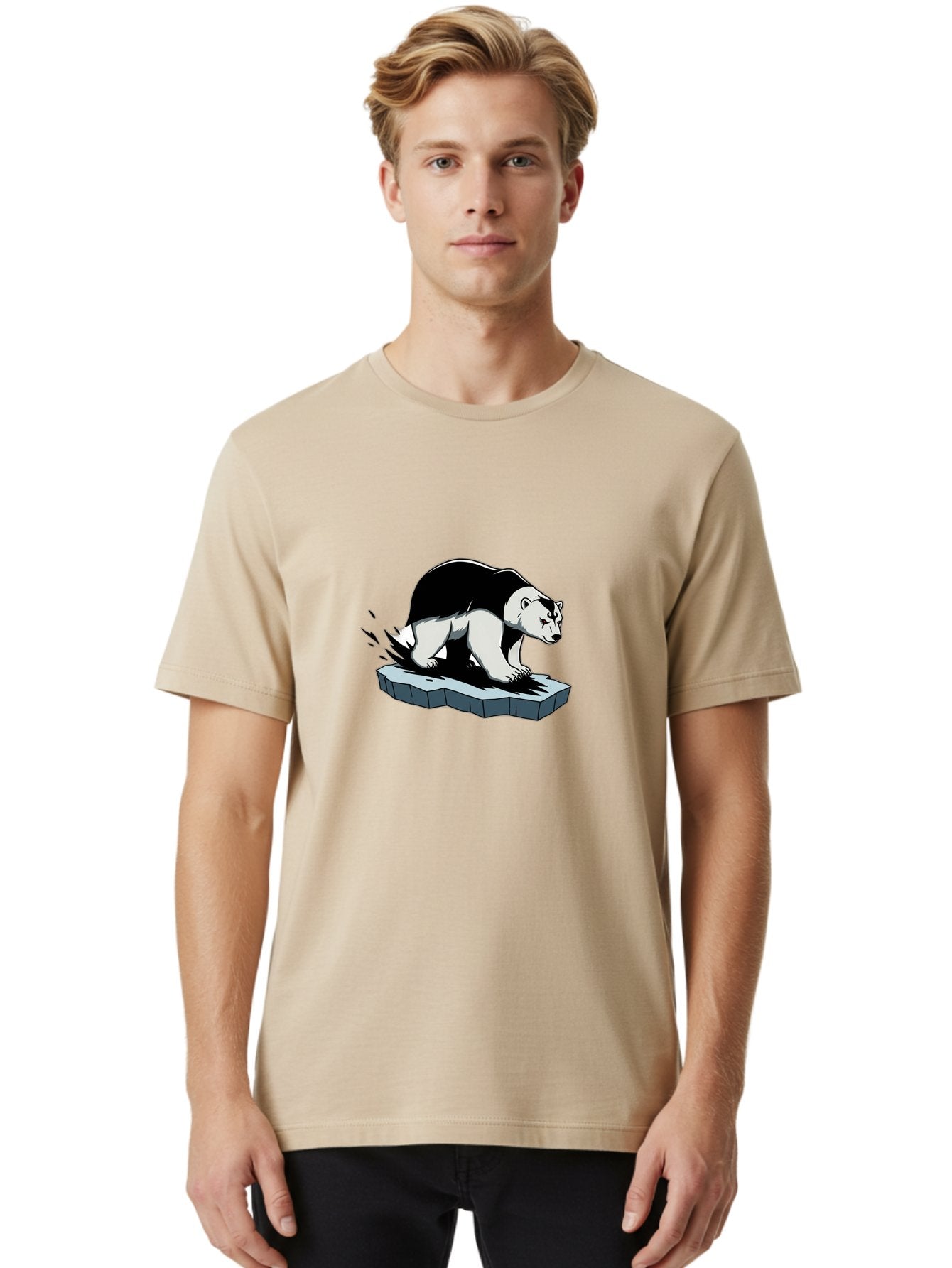 Aggressive-Panda Men'S Graphic Tee, 100% Cotton, Comfortable Casual Summer Wear, Machine Washable, Panda On A Rock, Panda Bear, Black And White, Cartoon Style, Dynamic Movement, Wildlife, Animated Character, Stone Platform Bae349 21
