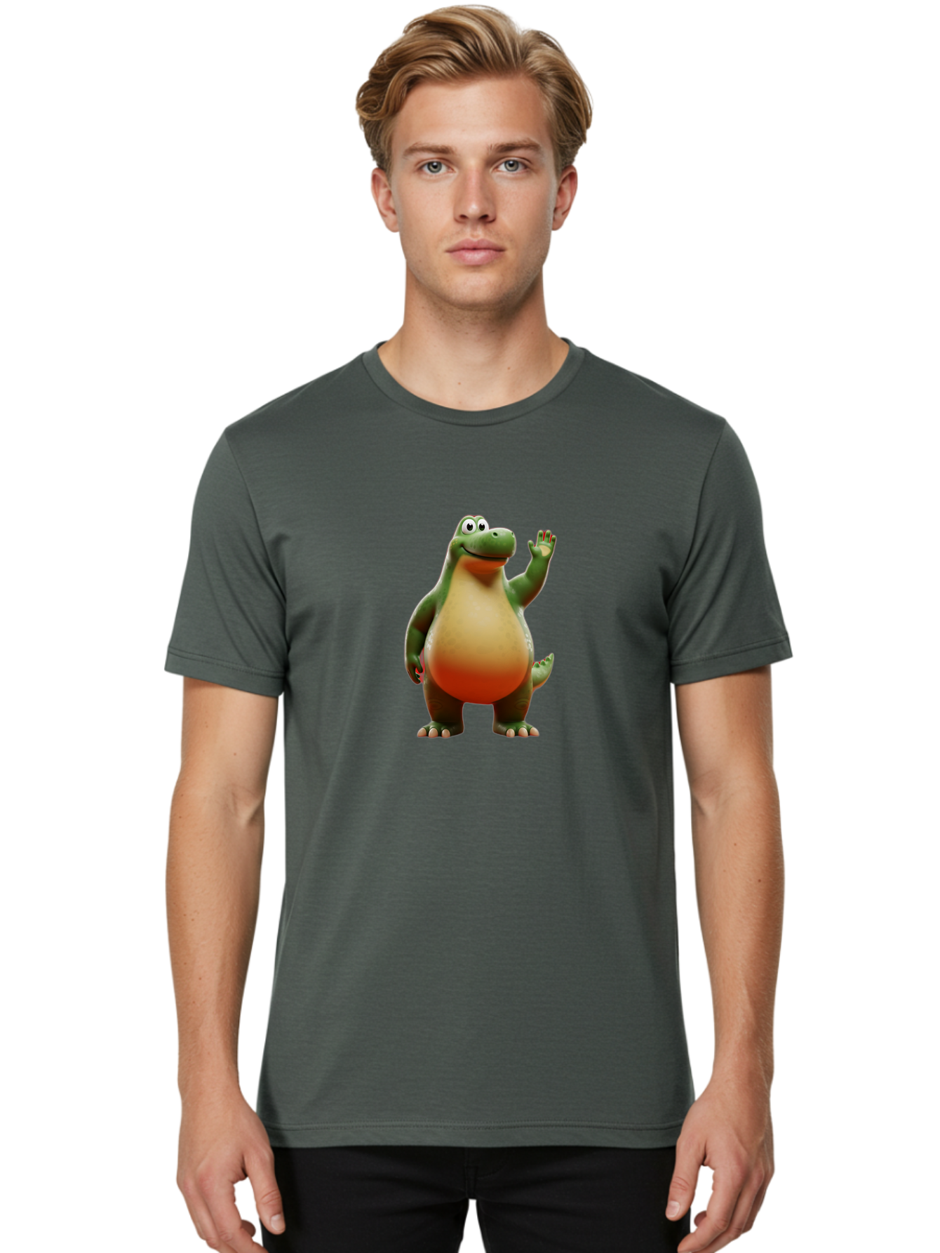 Arlo-1 Men'S Graphic Tee, 100% Cotton, Comfortable Casual Summer Wear, Machine Washable, Cartoon Dinosaur, Friendly Dinosaur, Green And Orange Dinosaur, Dinosaur Waving, Animated Character, Dinosaur Illustration, Children'S Character, Bae354 19