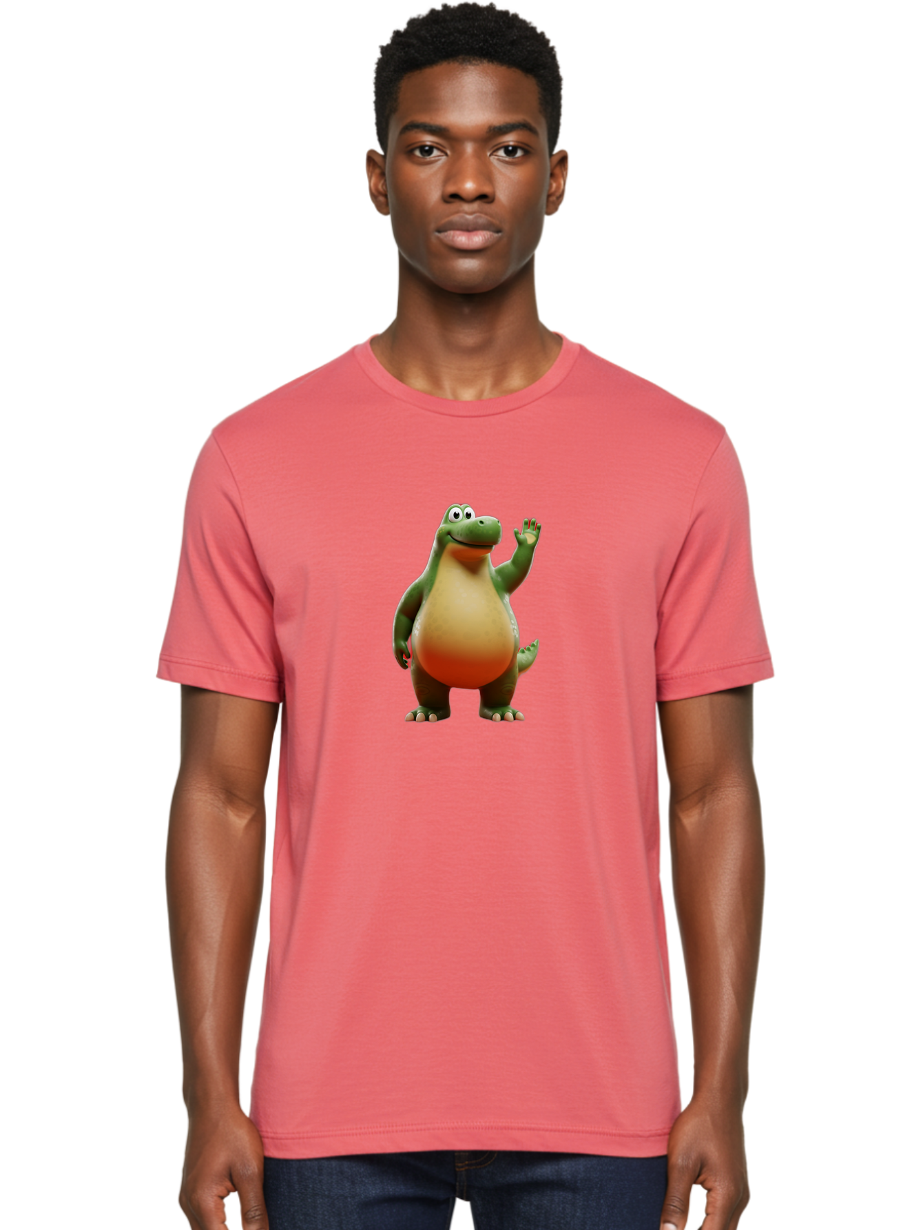 Arlo-1 Men'S Graphic Tee, 100% Cotton, Comfortable Casual Summer Wear, Machine Washable, Cartoon Dinosaur, Friendly Dinosaur, Green And Orange Dinosaur, Dinosaur Waving, Animated Character, Dinosaur Illustration, Children'S Character, Bae354 29