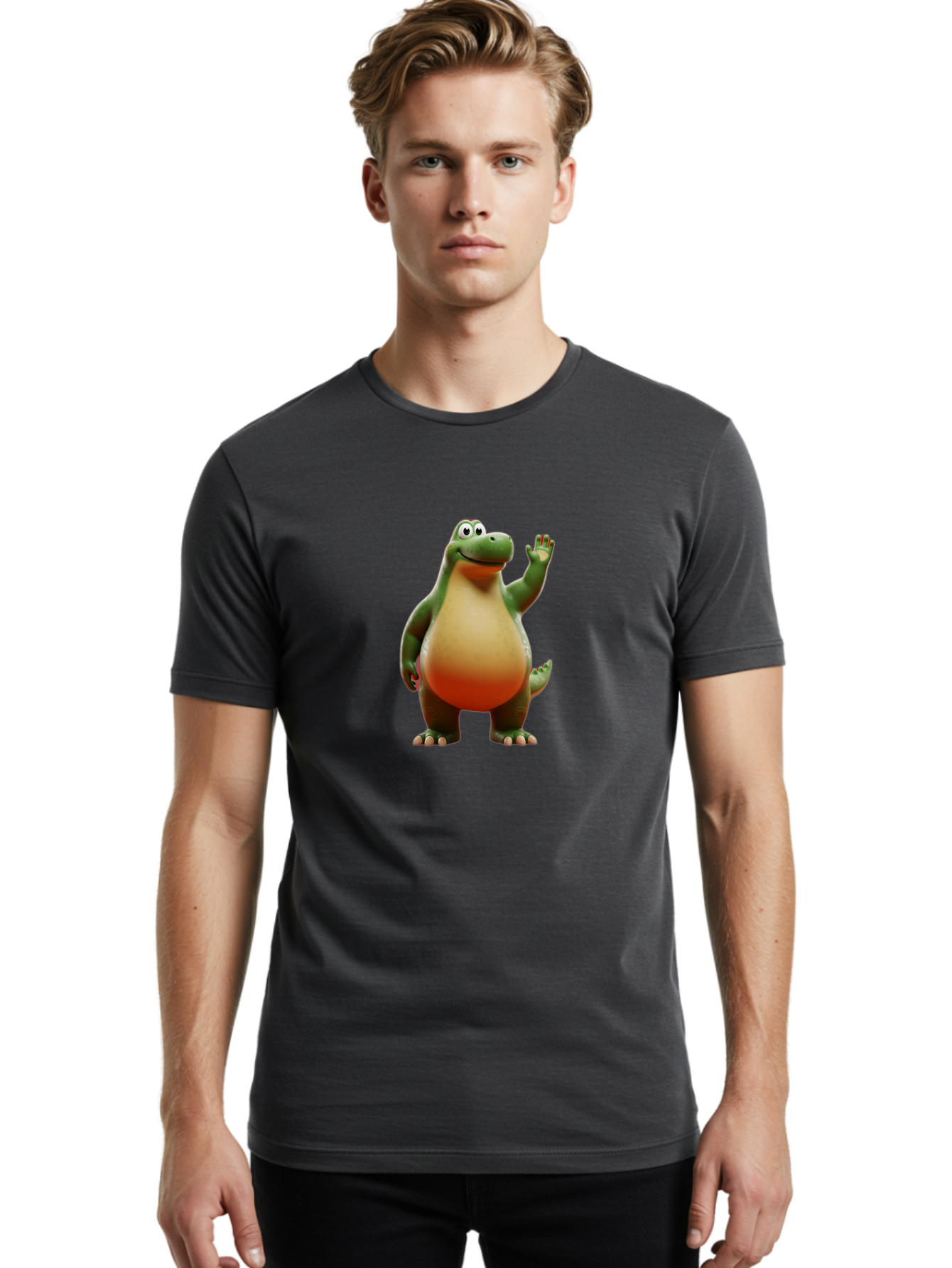 Arlo-1 Men'S Graphic Tee, 100% Cotton, Comfortable Casual Summer Wear, Machine Washable, Cartoon Dinosaur, Friendly Dinosaur, Green And Orange Dinosaur, Dinosaur Waving, Animated Character, Dinosaur Illustration, Children'S Character, Bae354 22