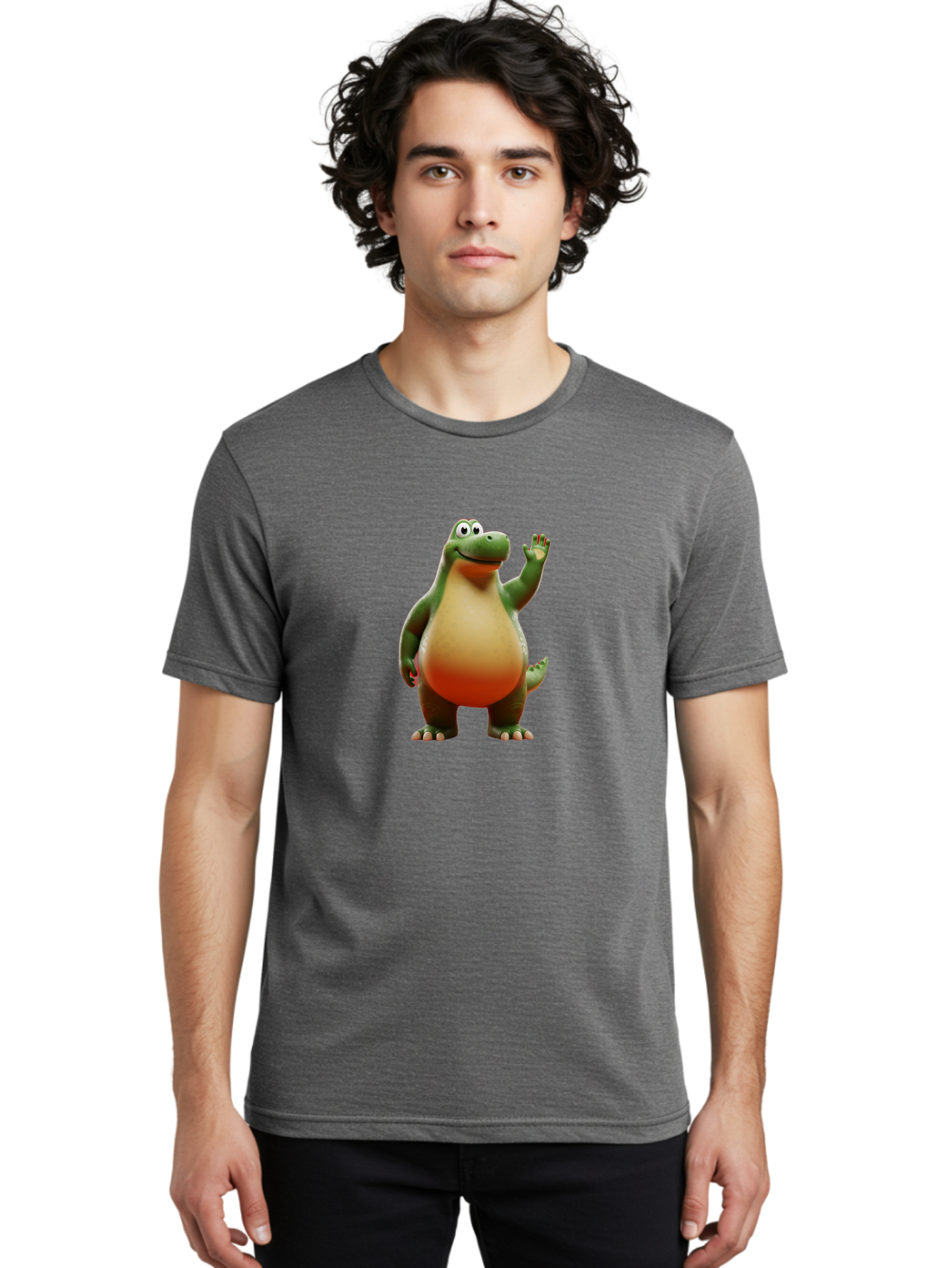 Arlo-1 Men'S Graphic Tee, 100% Cotton, Comfortable Casual Summer Wear, Machine Washable, Cartoon Dinosaur, Friendly Dinosaur, Green And Orange Dinosaur, Dinosaur Waving, Animated Character, Dinosaur Illustration, Children'S Character, Bae354 28