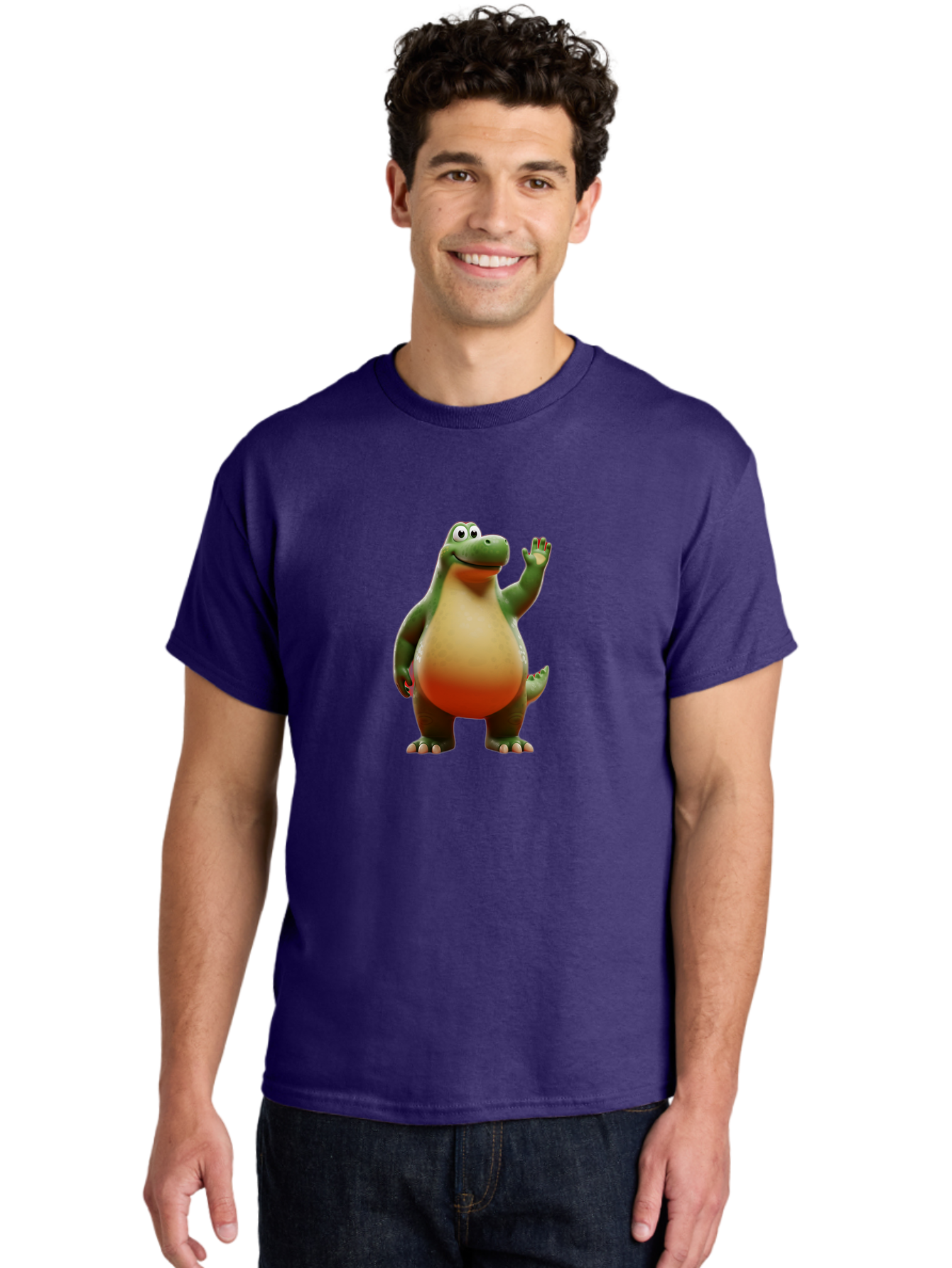 Arlo-1 Men'S Graphic Tee, 100% Cotton, Comfortable Casual Summer Wear, Machine Washable, Cartoon Dinosaur, Friendly Dinosaur, Green And Orange Dinosaur, Dinosaur Waving, Animated Character, Dinosaur Illustration, Children'S Character, Bae354 18