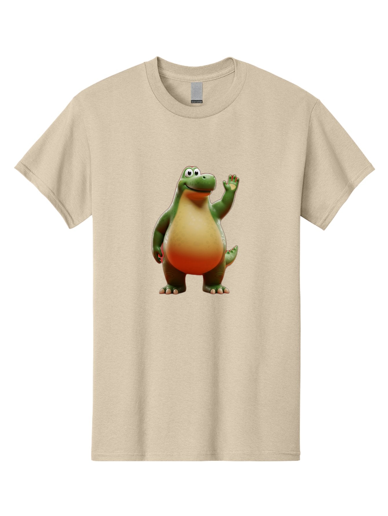 Arlo-1 Men'S Graphic Tee, 100% Cotton, Comfortable Casual Summer Wear, Machine Washable, Cartoon Dinosaur, Friendly Dinosaur, Green And Orange Dinosaur, Dinosaur Waving, Animated Character, Dinosaur Illustration, Children'S Character, Bae354 5