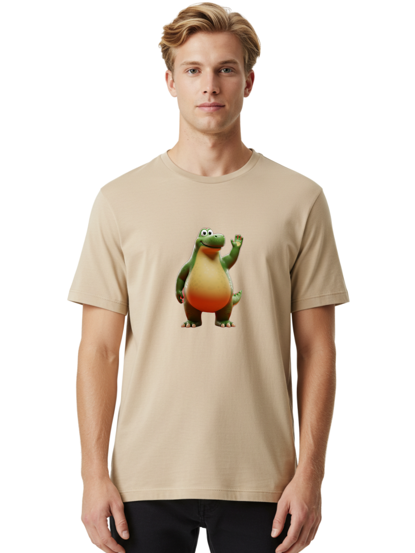 Arlo-1 Men'S Graphic Tee, 100% Cotton, Comfortable Casual Summer Wear, Machine Washable, Cartoon Dinosaur, Friendly Dinosaur, Green And Orange Dinosaur, Dinosaur Waving, Animated Character, Dinosaur Illustration, Children'S Character, Bae354 23