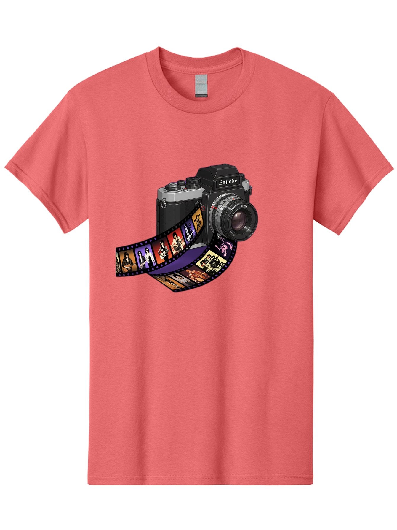 Bannke-Camera Men'S Graphic Tee, 100% Cotton, Comfortable Casual Summer Wear, Machine Washable, Vintage Camera, Film Strip, Photography, Bannke, Retro Style, Black And Silver, Lens, Camera Body, Film Reel, Photographers Bae357