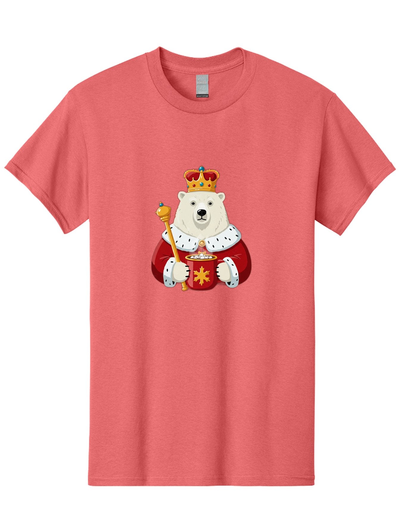 Bear-King Men'S Graphic Tee, 100% Cotton, Comfortable Casual Summer Wear, Machine Washable, Polar Bear Wearing Crown, Red Robe, White Fur, Sceptre In Paw, Ornate Collar, Monarch Attire, Regal Bear, Cartoon Style, Majestic Animal, Bae358