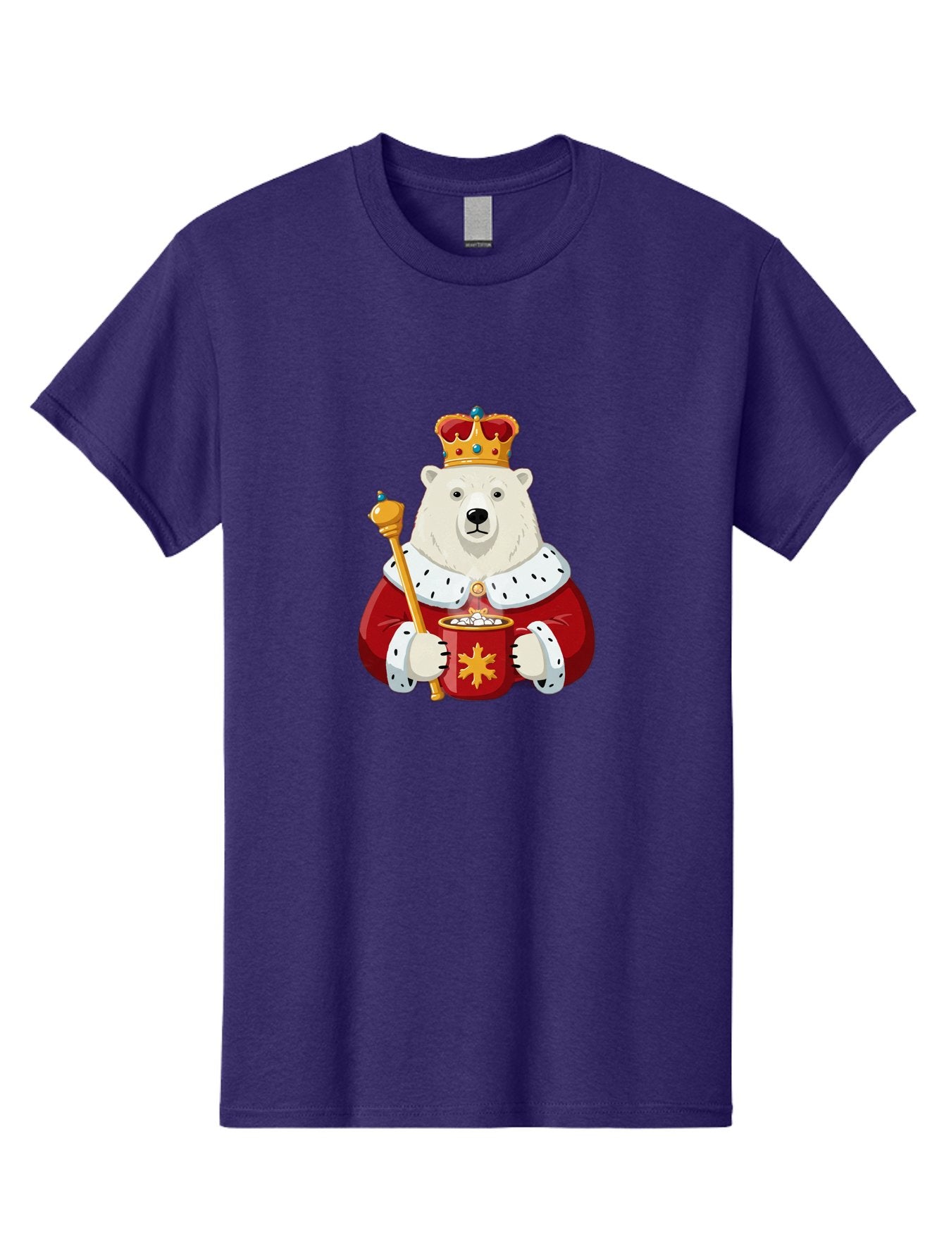 Bear-King Men'S Graphic Tee, 100% Cotton, Comfortable Casual Summer Wear, Machine Washable, Polar Bear Wearing Crown, Red Robe, White Fur, Sceptre In Paw, Ornate Collar, Monarch Attire, Regal Bear, Cartoon Style, Majestic Animal, Bae358